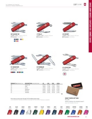 2.25" 58 mm 
21 jetsetter 
Length: 2.25" Longueur 58 mm 
7 Functions 7 fonctions 
www.vacosrporaet.com 39 
SWISS army knives • COUTEAUX DE L’AR MÉE SUISSE 
2014 corporate gifts Catalo gue 
CATALOGUE DE CADEAUX D’ENTREPRISE 2014 
RED 
ROUGE 
BLACK 
NOIR 
COBALT 
COBALT 
WHITE 
BLANC 
HUNTER 
VERT 
YELLOW 
JAUNE 
PURPLE 
VIOLET 
NAVY 
MARINE 
RUBY 
RUBIS 
EMERALD 
ÉMERAUDE 
SAPPHIRE 
SAPHIR 
ORANGE 
ORANGÉ 
PINK 
ROSE 
www.vsacorporate.com PRODUCT # PRODUIT No DESCRIPTION DESCRIPTION 25 250 500 1000+ 
00 Classic SD 23.00 22.25 21.50 20.75 
17 Rally 18.00 17.50 17.00 16.50 
24 Escort 15.00 14.50 14.00 13.50 
01 Signature 24.00 23.25 22.50 21.50 
04 Rambler 30.00 29.00 28.00 27.00 
21 Jetsetter 24.00 23.25 22.50 21.50 
4C 
00 CLASSIC SD 
Length: 2.25" Longueur 58 mm 
7 Functions 7 fonctions 
01 SIGNATURE 
Length: 2.25" Longueur 58 mm 
7 Functions 7 fonctions 
17 RALLY 
Length: 2.25" Longueur 58 mm 
9 Functions 9 fonctions 
24 ESCORT 
Length: 2.25" Longueur 58 mm 
6 Functions 6 fonctions 
04 RAMBLER 
Length: 2.25" Longueur 58 mm 
10 Functions 10 fonctions 
kraft paper gift box 
for 2.25" 
BOÎTE-CADEAU EN PAPIER KRAFT 
pour les modèles 58 mm 
Prices include a one colour imprint. See pages 78-79 for additional imprint charges. 
Les prix comprennent l’impression d'une couleur. Voir aux pages 78-79 pour les frais d’impression en supplément. 
 