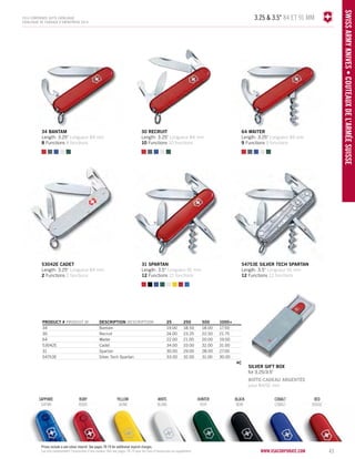 3.25 & 3.5" 84 et 91 mm 
silver gift BOX 
for 3.25/3.5" 
BOÎTE-CADEAU ARGENTÉE 
pour 84/91 mm 
www.vacosrporaet.com 
43 
SWISS army knives • COUTEAUX DE L’AR MÉE SUISSE 
2014 corporate gifts Catalo gue 
CATALOGUE DE CADEAUX D’ENTREPRISE 2014 
31 spartan 
Length: 3.5" Longueur 91 mm 
12 Functions 12 fonctions 
34 bantam 
Length: 3.25" Longueur 84 mm 
8 Functions 8 fonctions 
53042E CADET 
Length: 3.25" Longueur 84 mm 
2 Functions 2 fonctions 
30 recruit 
Length: 3.25" Longueur 84 mm 
10 Functions 10 fonctions 
64 waiter 
Length: 3.25" Longueur 84 mm 
9 Functions 9 fonctions 
54753e silver tech spartaN 
Length: 3.5" Longueur 91 mm 
12 Functions 12 fonctions 
PRODUCT # PRODUIT No DESCRIPTION DESCRIPTION 25 250 500 1000+ 
34 Bantam 19.00 18.50 18.00 17.50 
30 Recruit 24.00 23.25 22.50 21.75 
64 Waiter 22.00 21.00 20.00 19.00 
53042E Cadet 34.00 33.00 32.00 31.00 
31 Spartan 30.00 29.00 28.00 27.00 
54753E Silver Tech Spartan 33.00 32.00 31.00 30.00 
4C 
SAPPHIRE RUBY YELLOW WHITE HUNTER BLACK COBALT RED 
SAPHIR RUBIS JAUNE BLANC VERT NOIR COBALT ROUGE 
vsacorporate.Prices include a one colour imprint. See pages 78-79 for additional imprint charges. 
Les prix comprennent l’impression d'une couleur. Voir aux pages 78-79 pour les frais d’impression en supplément. 
 