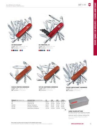 3.5" 91 mm 
www.vacosrporaet.com 45 
SWISS army knives • COUTEAUX DE L’AR MÉE SUISSE 
2014 corporate gifts Catalo gue 
CATALOGUE DE CADEAUX D’ENTREPRISE 2014 
90 cybertool 34 
Length: 3.5" Longueur 91 mm 
34 Functions 34 fonctions 
PRODUCT # PRODUIT No DESCRIPTION DESCRIPTION 25 250 500 1000+ 
38 SwissChamp® 98.00 95.00 92.00 89.00 
90 CyberTool 34 110.00 107.00 104.00 101.00 
53603E Spartan Hardwood 48.00 46.50 45.00 43.50 
53713E Huntsman Hardwood 55.00 53.00 51.00 49.00 
53526E SwissChamp Hardwood 127.00 123.00 119.00 115.00 
4C 
53603E spartan hardwood 
Length: 3.5" Longueur 91 mm 
12 Functions 12 fonctions 
53713E huntsman hardwood 
Length: 3.5" Longueur 91 mm 
15 Functions 15 fonctions 
53526E swisschamp® hardwood 
Length: 3.5" Longueur 91 mm 
33 Functions 33 fonctions 
38 swisschamp® 
Length: 3.5" Longueur 91 mm 
33 Functions 33 fonctions 
large silver gift BOX 
for Swisschamp® and Cybertool models 
GROSSE BOÎTE-CADEAU ARGENTÉE 
pour les modèles Swisschamp® et 
Cybertool 
Prices include a one colour imprint. See pages 78-79 for additional imprint charges. 
Les prix comprennent l’impression d'une couleur. Voir aux pages 78-79 pour les frais d’impression en supplément. 
 