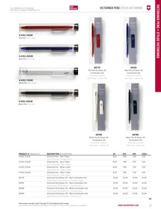 victorinox PENS STYLOS VICTORINOX 
www.vacosrporaet.com 53 
vict orinox pe ns • STYLOS VICTOR INO X 
2014 corporate gifts Catalo gue 
CATALOGUE DE CADEAUX D’ENTREPRISE 2014 
NEW 
NOUVELLE 
NEW 
NOUVEAU 
4.4351.1US3E 
Red Pen Stylo rouge 
4.4351.2US3E 
Blue Pen Stylo bleu 
4.4351.7US3E 
White Pen Stylo blanc 
4.4351.3US3E 
Black Pen Stylo noir 
PRODUCT # PRODUIT No DESCRIPTION DESCRIPTION 50 250 500 1000+ 
4.4351.1US3E Victorinox Pen - Red (Tube) 8.00 7.80 7.50 7.00 
Stylo Victorinox - Rouge (Tube) 
4.4351.2US3E Victorinox Pen - Blue (Tube) 8.00 7.80 7.50 7.00 
Stylo Victorinox - Bleu (Tube) 
4.4351.7US3E Victorinox Pen - White (Tube) 8.00 7.80 7.50 7.00 
Stylo Victorinox - Blanc (Tube) 
4.4351.3US3E Victorinox Pen - Black (Tube) 8.00 7.80 7.50 7.00 
Stylo Victorinox - Noir (Tube) 
69779 Victorinox Pen/Classic SD - Red Combination Set 35.00 34.00 33.00 32.00 
Stylo/Classic SD Victorinox – Combiné rouge 
69781 Victorinox Pen/Classic SD - Blue Combination Set 35.00 34.00 33.00 32.00 
Stylo/Classic SD Victorinox – Combiné bleu 
69789 Victorinox Pen/Classic SD - White Combination Set 35.00 34.00 33.00 32.00 
Stylo/Classic SD Victorinox – Combiné blanc 
69780 Victorinox Pen/Classic SD - Black Combination Set 35.00 34.00 33.00 32.00 
Stylo/Classic SD Victorinox – Combiné noir 
4A 
69779 
Red Pen & Classic SD 
Combination Set 
Ensemble combiné 
stylo rouge + Classic SD 
69781 
Blue Pen & Classic SD 
Combination Set 
Ensemble combiné 
stylo bleu + Classic SD 
69789 
White Pen & Classic SD 
Combination Set 
Ensemble combiné 
stylo blanc + Classic SD 
69780 
Black Pen & Classic SD 
Combination Set 
Ensemble combiné 
stylo noir + Classic SD 
Prices include a one colour imprint. See pages 78-79 for additional imprint charges. 
Les prix comprennent l’impression d'une couleur. Voir aux pages 78-79 pour les frais d’impression en supplément. 
 