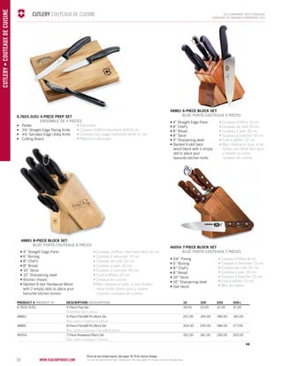 58 www.vsacorporate.com CUTLERY • COUTEAUX DE CUISINE 
CUTLERY COUTEAUX DE CUISINE 2014 corporate gifts Catalo gue 
CATALOGUE DE CADEAUX D’ENTREPRISE 2014 
48861 6-PIECE BLOCK SET 
BLOC PORTE-COUTEAUX 6 PIÈCES 
• 4” Straight Edge Parer 
• 8” Chef’s 
• 8” Bread 
• 8” Slicer 
• 9” Sharpening steel 
• Slanted 6-slot hard 
wood block with 1 empty 
slot to place your 
favourite kitchen knife. 
• Couteau d’office 10 cm 
• Couteau de chef 20 cm 
• Couteau à pain 20 cm 
• Couteau à trancher 20 cm 
• Fusil à affûter 22 cm 
• Bloc oblique en bois, à six 
fentes;une fente libre pour 
y insérer un autre 
couteau de cuisine 
• 4” Straight Edge Parer 
• 6” Boning 
• 8” Chef’s 
• 8” Bread 
• 10” Slicer 
• 10” Sharpening steel 
• Kitchen shears 
• Slanted 9-slot Hardwood Block 
with 2 empty slots to place your 
favourite kitchen knives 
• Couteau d'office, tranchant droit 10 cm 
• Couteau à désosser 15 cm 
• Couteau de chef 20 cm 
• Couteau à pain 20 cm 
• Couteau à trancher 25 cm 
• Fusil à affûter 25 cm 
• Ciseaux de cuisine 
• Bloc oblique en bois, à neuf fentes; 
deux fentes libres pour y insérer 
d’autres couteaux de cuisine 
46054 7-PIECE BLOCK SET 
BLOC PORTE-COUTEAUX 7 PIÈCES 
• 3¼” Paring 
• 6” Boning 
• 8” Chef’s 
• 8” Bread 
• 10” Slicer 
• 10” Sharpening steel 
• Oak block 
• Couteau d’office 8 cm 
• Couteau à désosser 15 cm 
• Couteau de chef 20 cm 
• Couteau à pain 20 cm 
• Couteau à trancher 25 cm 
• Fusil à affûter 25 cm 
• Bloc en chêne 
48891 8-PIECE BLOCK SET 
BLOC PORTE-COUTEAUX 8 PIÈCES 
PRODUCT # PRODUIT No DESCRIPTION DESCRIPTION 10 100 250 500+ 
6.7603.3US1 4-Piece Prep Set 34.00 33.00 32.00 31.00 
Ensemble de 4 pièces 
48861 6-Piece Fibrox® Pro Block Set 201.00 195.00 189.00 183.00 
Bloc porte-couteaux 6 pièces 
48891 8-Piece Fibrox® Pro Block Set 304.00 295.00 286.00 277.00 
Bloc porte-couteaux Fibrox® 8 pièces 
46054 7-Piece Rosewood Block Set 352.00 341.00 330.00 320.00 
Bloc porte-couteaux 7 pièces 
4A 
6.7603.3US1 4-PIECE PREP SET 
ENSEMBLE DE 4 PIÈCES 
• Peeler 
• 3¼" Straight Edge Paring Knife 
• 4½" Serrated Edge Utility Knife 
• Cutting Board 
• Éplucheur 
• Couteau d'office tranchant droit 8 cm 
• Couteau tout usage tranchant denté 11 cm 
• Planche à découper 
Prices do not include imprint. See pages 78-79 for imprint charges. 
Les prix ne comprennent pas l’impression. Voir aux pages 78-79 pour les frais d'impression. 
 