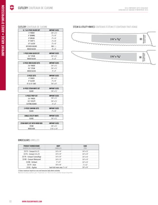 www.vsacorporate.com 72 IMPRINT ARE AS • Aires d'impression 
CUTLERY COUTEAUX DE CUISINE 2014 corporate gifts Catalogue 
CATALOGUE DE CADEAUX D’ENTREPRISE 2014 
CUTLERY COUTEAUX DE CUISINE Steak & utility knives COUTEAUX À steak et COUTEAUX TOUT USAGE 
IMPRINT SIZES 
1¾" x 3/8" 
2" x ½" 
2" x ½" 
2" x ½" 
2" x ½" 
N/A S.O. 
4" x 3" 
IMPRINT SIZES 
1¾" x 3/8" 
3" x 3" 
IMPRINT SIZES 
1¾" x 3/8" 
1¾" x 3/8" 
3" x 3" 
IMPRINT SIZES 
1¾" x 3/8" 
2" x ½" 
2¼" x ½" 
IMPRINT SIZES 
1¾" x 3/8" 
IMPRINT SIZES 
1¾" x 3/8" 
1¾" x 3/8" 
2" x 2" 
IMPRINT SIZES 
2" x ½" 
IMPRINT SIZES 
1¾" x 3/8" 
IMPRINT SIZES 
1¾" x 3/8" 
3 ½" x 1 ½" 
6, 7 & 8-PIECE BLOCK SET 
4" PARER 
6" BONING 
8" BREAD 
8" CHEF’S 
10" SLICER 
KITCHEN SHEARS 
WOOD BLOCK 
7-PIECE MINI BLOCK SET 
4½" STEAK 
WOOD BLOCK 
5-PIECE MINI BLOCK SETS 
3¼" PARER 
4½" STEAK 
WOOD BLOCK 
3-PIECE SETS 
4" PARER 
8" SLICER 
8" & 10" CHEF 
6-PIECE STEAK KNIFE SET 
BLADE 
4-PIECE PREP SET 
3¼" PARER 
4½" UTILITY 
CUTING BOARD 
2-PIECE CARVING SETS 
BLADE 
SINGLE UTILITY KNIFE 
BLADE 
STEAK KNIFE SET WITH WOD BOX 
STEAK 
WOOD BOX 
1¾" x 3/8" 
1¾" x 3/8" 
BINOCULARS JUMELES 
1½" x ½" 
1½" x ½" 
1½" x ½" 
1½" x ½" 
1½" x ½" 
1½" x ½" 
1¼" x 3⁄8" 
1¼" x 3⁄8" 
1½" x ½" 
1" x 3⁄8" 
1¾" x ¾" 
1" x 3⁄8" 
1¾" x ¾" 
back half moon area 1" x ½" 
PRODUCT NUMBER/NAME 
NUMÉRO DU PROD UIT /NOM 
BODY 
JUMELLES 
CASE 
ÉT UI 
25775 - Compact 8 x 21 
25776 - Compact 10 x 25 
25778 - Compact Camouflage 
25780 - Compact Waterproof 
25788 - ViviSport 
25779 - Zoom 
25781 - DigiVue 
2 Colour maximum imprint on case and binocular body where available. 
Maximum de deux couleurs pour l'impression sur l’étui et sur les jumelles lorsque disponible. 
 