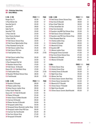 www.vsacorporate.com 77 
PRICE POINT PROD UCT INDE X • INDE X DES PRI X 
2014 corporate gifts Catalogue 
CATALOGUE DE CADEAUX D’ENTREPRISE 2014 
$ 100 - $ 199 PRICE PRIX PAGE 
Ranger Grip 74 102.00 41 
5-Piece Kitchen Set 103.00 57 
SwissTool Spirit X 105.00 51 
SwissTool™ 108.00 51 
Cyber Tool 34 110.00 45 
SwissTool™ RS 120.00 51 
3-Piece Chef Set 124.00 57 
Swiss Champ Hardwood 127.00 45 
3-Piece Chef Set 128.00 57 
SM Field Classic Silicone Strap 130.00 7 
SM Field Classic Nylon/Leather Strap 130.00 11 
2-Piece Rosewood Carving Set 134.00 57 
SM Field Classic Leather Strap 145.00 8/9 
SM Field Classic PVD Case 145.00 11 
VSA Field Synthetic Strap 145.00 27/28 
SM Field Classic Leather Strap 145.00 8/9 
SwissTool™ Ratchet 150.00 51 
3-Piece Rosewood Chef Set 150.00 57 
SM Roadster Silicone Strap 170.00 13 
SM Field Classic S Bracelet 170.00 10 
Classic SD / VSA Field Watch Strap 170.00 65 
VSA Field Leather Strap 170.00 27/28 
SM Roadster PVD Bezel Silicone Strap 180.00 13 
VSA Field Bracelet 185.00 27/28 
$ 200 - $ 299 PRICE PRIX PAGE 
SM Roadster S Bracelet 200.00 13 
SM Platoon Leather Strap 200.00 15 
SM Urban Classsic Leather Strap 200.00 21 
6-Piece Fibrox® Block Set 201.00 58 
Classic SD / VSA Field S Bracelet 210.00 65 
SM Platoon S Bracelet 225.00 16 
SM Urban Classic S Mesh Bracelet 225.00 21 
VSA Garrison S Bracelet 240.00 28 
SM Platoon Two tone S Bracelet 250.00 16 
SM Terragraph Leather Strap 250.00 18 
SM Terragraph Roman Numerals Leather Strap 250.00 19 
SM Terragraph Leather Strap PVD Case 260.00 19 
VSA Garrison Two-Tone Bracelet 265.00 28 
SM Sea Force Silicone Strap 275.00 23 
SM Terragraph S Bracelet 275.00 18 
$ 300 - $ 499 PRICE PRIX PAGE 
SM Field Classic Chrono Silicone Strap 300.00 11 
SM Sea Force S Bracelet 300.00 23 
8-Piece Fibrox® Block Set 304.00 58 
14-Piece Swivel Bock Set 317.00 59 
SM Sea Force Gunmetal 325.00 23 
SM Squadron Lady MOP Dial Silicone Strap 325.00 25 
SM Field Classic Chrono S Bracelet 330.00 11 
SM Squadron Lady PVD Case Silicone Strap 350.00 25 
7-Piece Rosewood Block Set 352.00 58 
VSA Infantry Leather Strap 395.00 31 
VSA Infantry S Bracelet 450.00 31 
VSA Maverick GS Strap 450.00 35 
SM Squadron GMT 450.00 25 
VSA Alliance Leather Strap 450.00 33 
SM Terragraph Chrono Gunmetal 475.00 19 
SM Sea Force Chrono Silicone Strap 475.00 23 
VSA Maverick GS Bracelet 495.00 35 
VSA Alliance S Bracelet 495.00 33 
$ 500+ PRICE PRIX PAGE 
VSA Chrono Classic Strap 550.00 37 
VSA Infantry Chrono Strap 550.00 31 
VSA Infantry Chrono S Bracelet 595.00 31 
VSA Night Vision Strap 595.00 29 
VSA Alliance Two-Tone 595.00 33 
VSA Chrono Classic Ceramic Bezel Strap 625.00 37 
VSA Chrono Classic Gunmetal Dial 625.00 37 
VSA Maverick GS T Bracelet 650.00 35 
VSA Chrono Classic T Bracelet 650.00 37 
VSA Night Vision Bracelet 695.00 29 
VSA Chrono Classic Ceramic Bezel Bracelet 695.00 37 
VSA - Victorinox Swiss Army 
SM - Swiss Military 
 