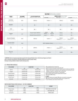 www.vsacorporate.com 78 imprint pricing • prix pour impression 
2014 corporate gifts Catalogue 
CATALOGUE DE CADEAUX D’ENTREPRISE 2014 
Pocket Knives 
Couteaux de poche 
38-51 
51 
54-59 
6-37 
60-63 
64-65 
53 
- 
$90.00 (C) Included Inclus 
N/A S.O. 
N/A S.O. 
Included Inclus 
Included Inclus 
$1.80 (C) 
$0.90 (C) 
N/A S.O. 
$0.90 (C) 
$0.90 (C) 
$0.90 (C) 
2 Colour max. Max. 2 couleurs 
$0.90 (C) 
1 Colour max. Max. 1 couleurs 
$0.90 (C) 
$1.80 (C) 
2 Colour max. Max. 2 couleurs 
N/A S.O. 
N/A S.O. 
$1.80 (C) 
N/A S.O. 
N/A S.O. 
N/A S.O. 
N/A S.O. 
N/A S.O. 
N/A S.O. 
N/A S.O. 
Domestic Production $90.00 (C) 
Corporate* 
Included Inclus 
Retail 
$10.00 (C) 
Switzerland Production $150.00 (C) Included Inclus $3.00 (C) 
$90.00 (C) 
$90.00 (C) 
REFER TO INDIVIDUAL PRODUCTS VOIR PRODUITS INDIVIDUELS 
$90.00 (C) 
SwissTools™ 
SwissTools™ 
Cutlery 
Couteaux de cuisine 
Timepieces 
Montres 
Binoculars & Flashlights 
Jumelles et lampes de poche 
Combination Gift Sets 
Ensembles-cadeaux 
Pens 
Stylos 
Boxes & Tins 
Boîtes 
PAD PRINT IMPRESION AU TAMPON 
PRODUCT 
PRODUIT 
PAGE NUMBER 
NUMÉRO DE PAGE 
SET UP PER COLOUR PER SIDE 
MONT AGE PAR CO ULE UR, PAR CÔTÉ 
RUNNING CHARGE FRAIS DE TIRAGE 
1st COLOUR IMPRINT IMPRESION 1ère COULEUR EACH ADD 'L COLO UR CHAQUE COULEUR SUP. 2nd SIDE IMPRINT IMPRESSION 2e CÔTÉ 
*CORPORATE refers to timepieces exclusively designed for the Corporate Markets Division: Field, Garrison Elegance and Peak Il. 
All U.S. and Swiss pad printing for cell handle pocket knives include a lacquer coating. 
No lacquer coating available on textured matte handle pad prints. 
U.S. PRODUCTION SCHEDULE: 
Pad Print 
B3 Digital 
All Other Products 15 Business Days 10 Business Days 
Unimprinted 5 Business Days 5 Business Days 
SWITZERLAND PRODUCTION SCHEDULE: 100 Piece minimum 
• Box Lid Imprinting: Add 2 business days 
• Paper Proof: Add 2 business days for each paper proof 
• Note: the production and delivery schedules apply to any one (1) process on a single item; 
however, if more than one (1) process (e.g., laser engraving and pad imprinting the same 
timepiece) is required on a single item, add 2-3 business days 
• Call for production delivery schedule for +2,500 quantities 
• Add 10 business days for timepiece quantities above 250 pieces. 
• No charge for PMS matching. 
B3 Digital 
PMS colour matches are not available. PMS colours are converted to corresponding 
CMYK colours to achieve close equivalents. Metallic inks not available on B3. 
For more information, please contact Customer Service. 
TYPE OF IMPRINT 
TYPE OF IMPRINT 
Etching / Anodize 
15 Business Days 
10 Business Days 
6 Weeks 
10 Business Days 
5 Business Days 
6 Weeks POCKET KNIVES & CUTLERY ONLY 
Standard Engraving 
Metal Inlay 
15 Business Days 
7 Weeks 
15 Business Days 
7 Weeks POCKET KNIVES ONLY 
Combination Sets 
Dial Pad Print 
15 Business Days 
10 Weeks 
10 Business Days 
10 Weeks TIMEPIECES ONLY 
DELIVERY TIME 
DELIVERY TIME 
NEW 
NEW 
REPEAT 
REPEAT 
CATEGORY 
 