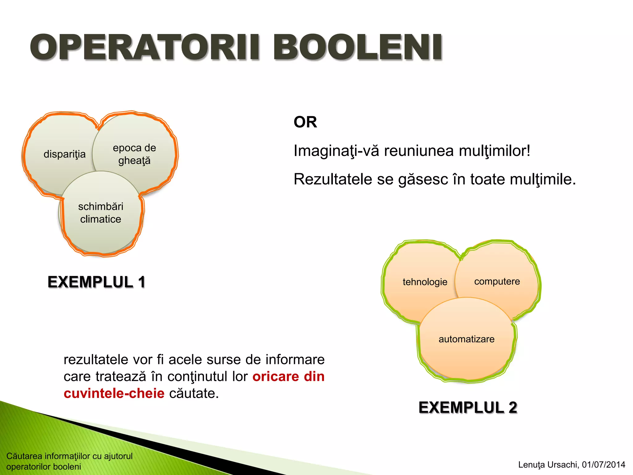 OPERATORII BOOLENI
EXEMPLUL 1
EXEMPLUL 2
OR
Imaginaţi-vă reuniunea mulţimilor!
Rezultatele se găsesc în toate mulţimile.
rezultatele vor fi acele surse de informare
care tratează în conţinutul lor oricare din
cuvintele-cheie căutate.
dispariţia
epoca de
gheaţă
schimbări
climatice
tehnologie computere
automatizare
Lenuţa Ursachi, 01/07/2014
Căutarea informaţiilor cu ajutorul
operatorilor booleni
 