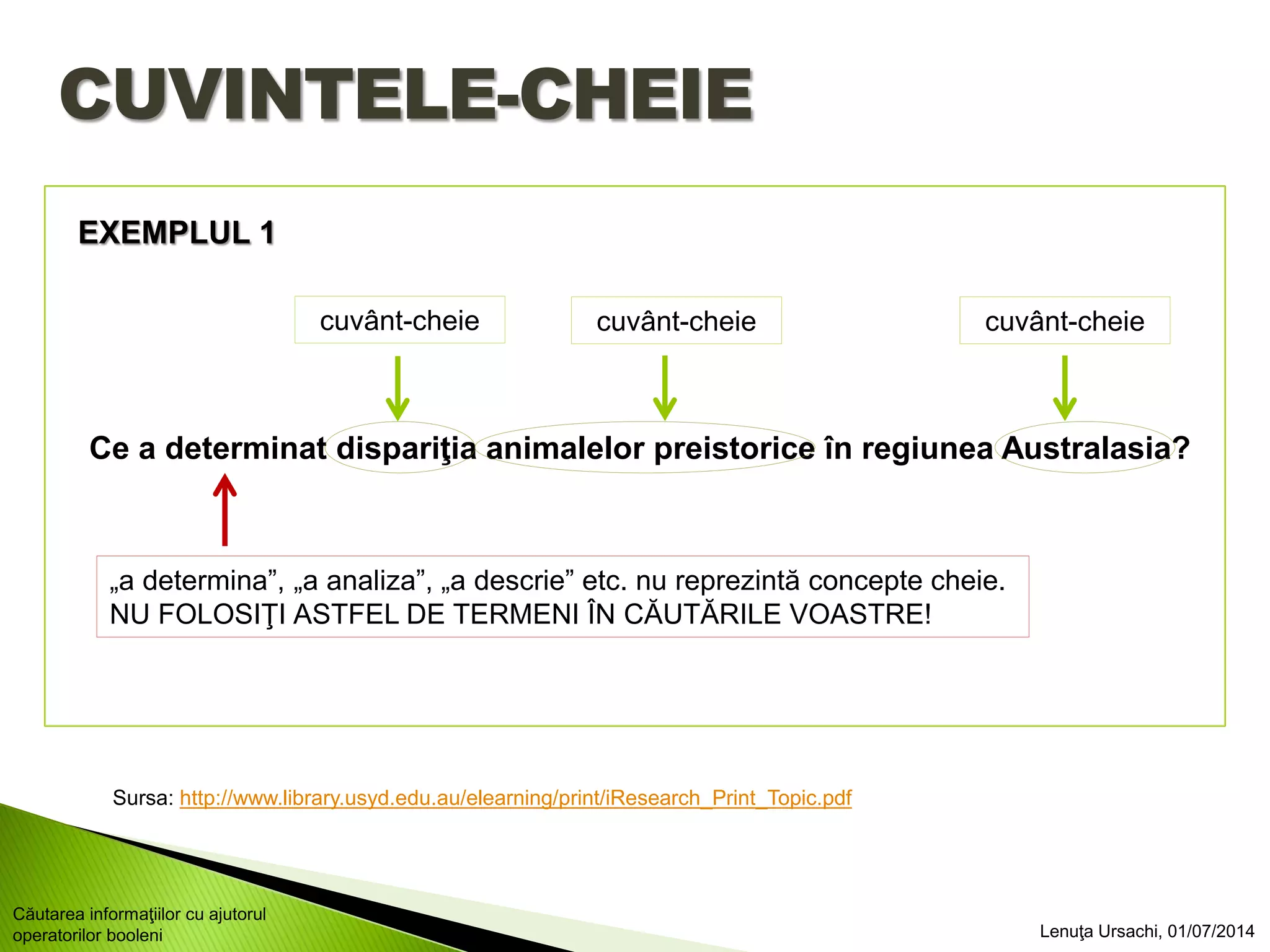 CUVINTELE-CHEIE
Ce a determinat dispariţia animalelor preistorice în regiunea Australasia?
cuvânt-cheie cuvânt-cheie cuvânt-cheie
„a determina”, „a analiza”, „a descrie” etc. nu reprezintă concepte cheie.
NU FOLOSIŢI ASTFEL DE TERMENI ÎN CĂUTĂRILE VOASTRE!
Sursa: http://www.library.usyd.edu.au/elearning/print/iResearch_Print_Topic.pdf
EXEMPLUL 1
Lenuţa Ursachi, 01/07/2014
Căutarea informaţiilor cu ajutorul
operatorilor booleni
 