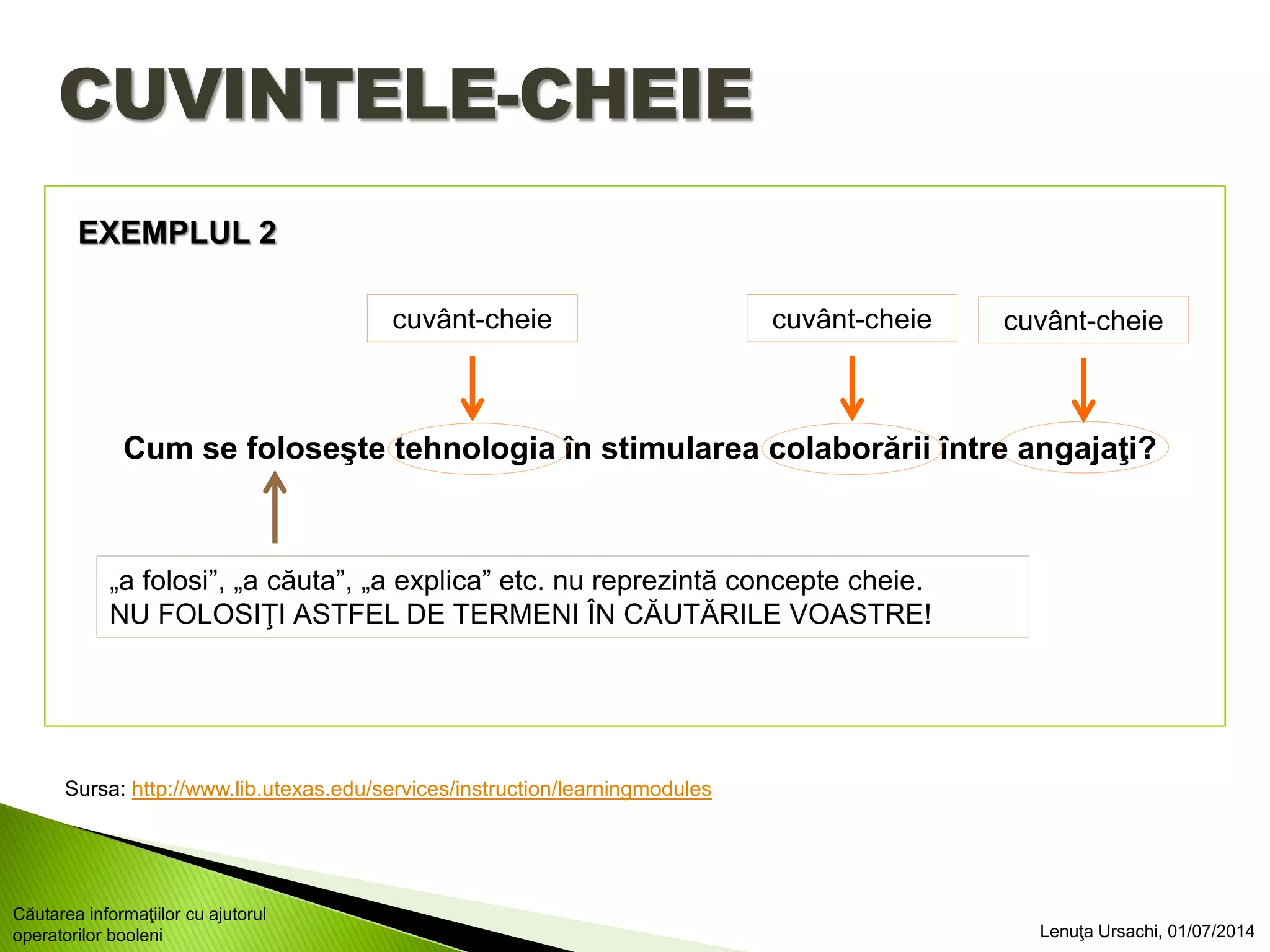 CUVINTELE-CHEIE
Cum se foloseşte tehnologia în stimularea colaborării între angajaţi?
cuvânt-cheie cuvânt-cheie cuvânt-cheie
EXEMPLUL 2
Sursa: http://www.lib.utexas.edu/services/instruction/learningmodules
„a folosi”, „a căuta”, „a explica” etc. nu reprezintă concepte cheie.
NU FOLOSIŢI ASTFEL DE TERMENI ÎN CĂUTĂRILE VOASTRE!
Lenuţa Ursachi, 01/07/2014
Căutarea informaţiilor cu ajutorul
operatorilor booleni
 