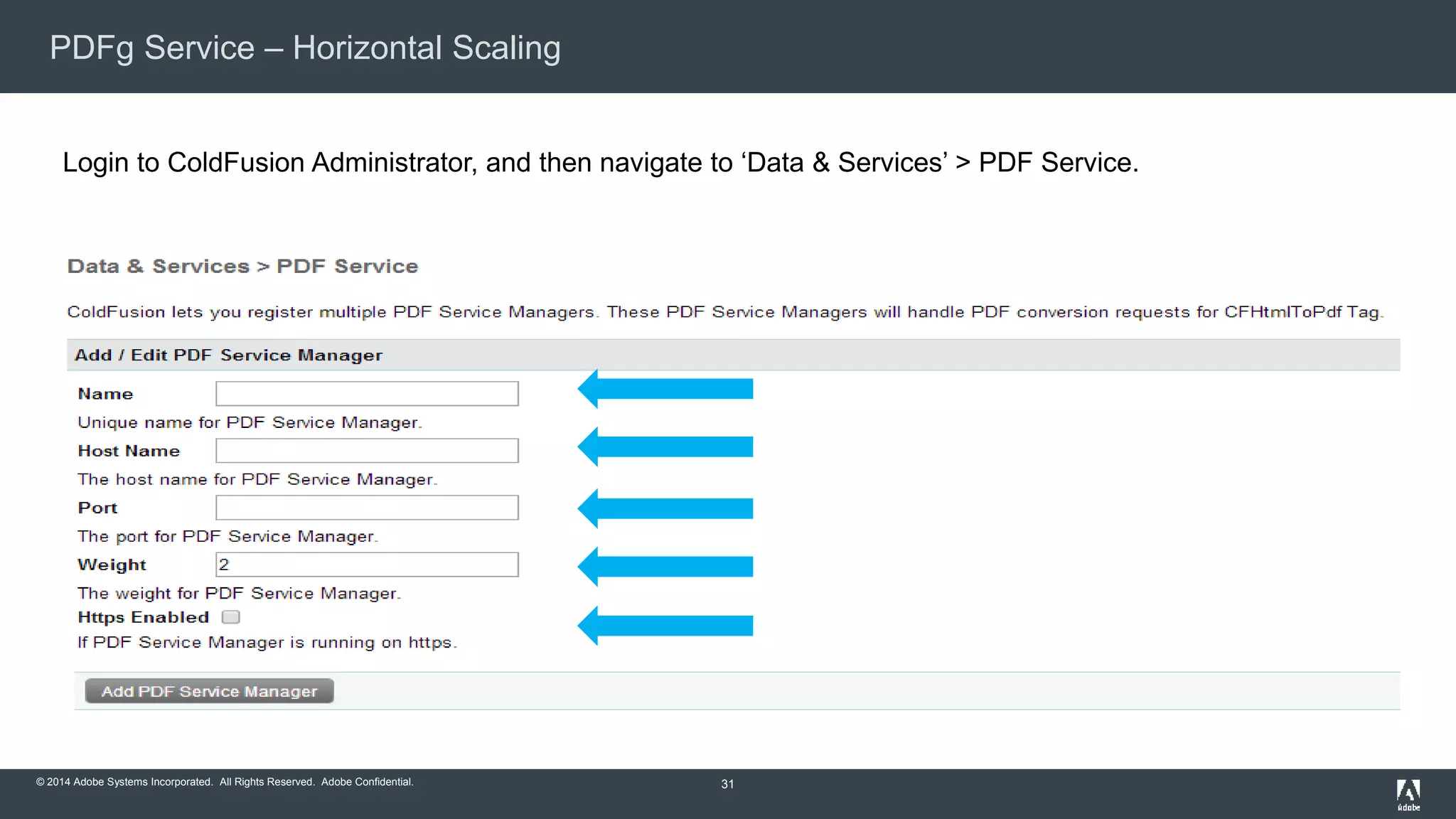 PDFg Service – Horizontal Scaling 
Login to ColdFusion Administrator, and then navigate to ‘Data & Services’ > PDF Service. 
© 2014 Adobe Systems Incorporated. All Rights Reserved. Adobe Confidential. 
31 
 