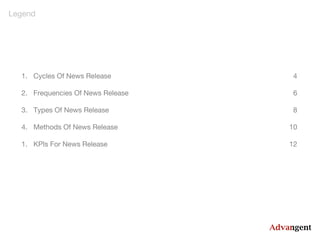 Legend

1. Cycles Of News Release

4

2. Frequencies Of News Release

6

3. Types Of News Release

8

4. Methods Of News Release

10

1. KPIs For News Release

12

 