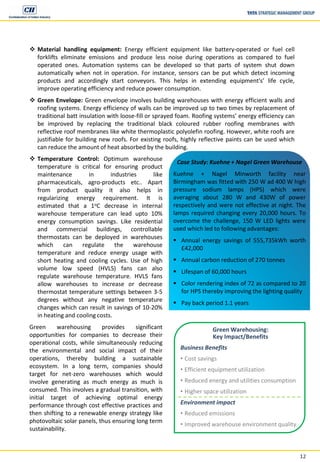 12
 Material handling equipment: Energy efficient equipment like battery-operated or fuel cell
forklifts eliminate emissions and produce less noise during operations as compared to fuel
operated ones. Automation systems can be developed so that parts of system shut down
automatically when not in operation. For instance, sensors can be put which detect incoming
products and accordingly start conveyors. This helps in extending equipment's’ life cycle,
improve operating efficiency and reduce power consumption.
 Green Envelope: Green envelope involves building warehouses with energy efficient walls and
roofing systems. Energy efficiency of walls can be improved up to two times by replacement of
traditional batt insulation with loose-fill or sprayed foam. Roofing systems’ energy efficiency can
be improved by replacing the traditional black coloured rubber roofing membranes with
reflective roof membranes like white thermoplastic polyolefin roofing. However, white roofs are
justifiable for building new roofs. For existing roofs, highly reflective paints can be used which
can reduce the amount of heat absorbed by the building.
 Temperature Control: Optimum warehouse
temperature is critical for ensuring product
maintenance in industries like
pharmaceuticals, agro-products etc.. Apart
from product quality it also helps in
regularizing energy requirement. It is
estimated that a 1oC decrease in internal
warehouse temperature can lead upto 10%
energy consumption savings. Like residential
and commercial buildings, controllable
thermostats can be deployed in warehouses
which can regulate the warehouse
temperature and reduce energy usage with
short heating and cooling cycles. Use of high
volume low speed (HVLS) fans can also
regulate warehouse temperature. HVLS fans
allow warehouses to increase or decrease
thermostat temperature settings between 3-5
degrees without any negative temperature
changes which can result in savings of 10-20%
in heating and cooling costs.
Green warehousing provides significant
opportunities for companies to decrease their
operational costs, while simultaneously reducing
the environmental and social impact of their
operations, thereby building a sustainable
ecosystem. In a long term, companies should
target for net-zero warehouses which would
involve generating as much energy as much is
consumed. This involves a gradual transition, with
initial target of achieving optimal energy
performance through cost effective practices and
then shifting to a renewable energy strategy like
photovoltaic solar panels, thus ensuring long term
sustainability.
Case Study: Kuehne + Nagel Green Warehouse
Kuehne + Nagel Minworth facility near
Birmingham was fitted with 250 W ad 400 W high
pressure sodium lamps (HPS) which were
averaging about 280 W and 430W of power
respectively and were not effective at night. The
lamps required changing every 20,000 hours. To
overcome the challenge, 150 W LED lights were
used which led to following advantages:
 Annual energy savings of 555,735kWh worth
£42,000
 Annual carbon reduction of 270 tonnes
 Lifespan of 60,000 hours
 Color rendering index of 72 as compared to 20
for HPS thereby improving the lighting quality
 Pay back period 1.1 years
Green Warehousing:
Key Impact/Benefits
Business Benefits
• Cost savings
• Efficient equipment utilization
• Reduced energy and utilities consumption
• Higher space utilization
Environment impact
• Reduced emissions
• Improved warehouse environment quality
 