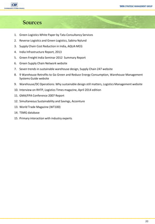 20
Sources
1. Green Logistics White Paper by Tata Consultancy Services
2. Reverse Logistics and Green Logistics, Sabina Nylund
3. Supply Chain Cost Reduction in India, AQUA MCG
4. India Infrastructure Report, 2013
5. Green Freight India Seminar 2012 Summary Report
6. Green Supply Chain Network website
7. Seven trends in sustainable warehouse design, Supply Chain 247 website
8. 9 Warehouse Retrofits to Go Green and Reduce Energy Consumption, Warehouse Management
Systems Guide website
9. Warehouse/DC Operations: Why sustainable design still matters, Logistics Management website
10. Interview on RHTP, Logistics Times magazine, April 2014 edition
11. GMA/FPA Conference 2007 Report
12. Simultaneous Sustainability and Savings, Accenture
13. World Trade Magazine (WT100)
14. TSMG database
15. Primary interaction with industry experts
 