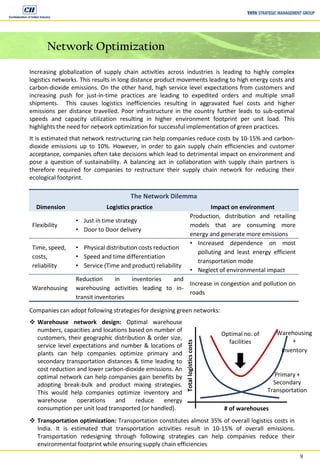 9
Network Optimization
Increasing globalization of supply chain activities across industries is leading to highly complex
logistics networks. This results in long distance product movements leading to high energy costs and
carbon-dioxide emissions. On the other hand, high service level expectations from customers and
increasing push for just-in-time practices are leading to expedited orders and multiple small
shipments. This causes logistics inefficiencies resulting in aggravated fuel costs and higher
emissions per distance travelled. Poor infrastructure in the country further leads to sub-optimal
speeds and capacity utilization resulting in higher environment footprint per unit load. This
highlights the need for network optimization for successful implementation of green practices.
It is estimated that network restructuring can help companies reduce costs by 10-15% and carbon-
dioxide emissions up to 10%. However, in order to gain supply chain efficiencies and customer
acceptance, companies often take decisions which lead to detrimental impact on environment and
pose a question of sustainability. A balancing act in collaboration with supply chain partners is
therefore required for companies to restructure their supply chain network for reducing their
ecological footprint.
The Network Dilemma
Dimension Logistics practice Impact on environment
Flexibility
• Just in time strategy
• Door to Door delivery
Production, distribution and retailing
models that are consuming more
energy and generate more emissions
Time, speed,
costs,
reliability
• Physical distribution costs reduction
• Speed and time differentiation
• Service (Time and product) reliability
• Increased dependence on most
polluting and least energy efficient
transportation mode
• Neglect of environmental impact
Warehousing
Reduction in inventories and
warehousing activities leading to in-
transit inventories
Increase in congestion and pollution on
roads
Companies can adopt following strategies for designing green networks:
# of warehouses
Totallogisticscosts
Optimal no. of
facilities
Warehousing
+
Inventory
Primary +
Secondary
Transportation
 Warehouse network design: Optimal warehouse
numbers, capacities and locations based on number of
customers, their geographic distribution & order size,
service level expectations and number & locations of
plants can help companies optimize primary and
secondary transportation distances & time leading to
cost reduction and lower carbon-dioxide emissions. An
optimal network can help companies gain benefits by
adopting break-bulk and product mixing strategies.
This would help companies optimize inventory and
warehouse operations and reduce energy
consumption per unit load transported (or handled).
 Transportation optimization: Transportation constitutes almost 35% of overall logistics costs in
India. It is estimated that transportation activities result in 10-15% of overall emissions.
Transportation redesigning through following strategies can help companies reduce their
environmental footprint while ensuring supply chain efficiencies
 