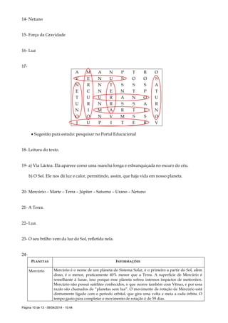 Página 10 de 13 - 08/04/2014 - 10:44
14- Netuno
15- Força da Gravidade
16- Lua
17-
A M A N P T R O
V E N U S O O S
N R N T S S S A
E C N E N T P T
T U U R A N O U
U R N R S S A R
N I M A R T E N
O O N V M S S O
J U P I T E R V
 Sugestão para estudo: pesquisar no Portal Educacional
18- Leitura do texto.
19- a) Via Láctea. Ela aparece como uma mancha longa e esbranquiçada no escuro do céu.
b) O Sol. Ele nos dá luz e calor, permitindo, assim, que haja vida em nosso planeta.
20- Mercúrio – Marte – Terra – Júpiter – Saturno – Urano – Netuno
21- A Terra.
22- Lua.
23- O seu brilho vem da luz do Sol, refletida nela.
24-
PLANETAS INFORMAÇÕES
Mercúrio Mercúrio é o nome de um planeta do Sistema Solar, é o primeiro a partir do Sol, além
disso, é o menor, praticamente 40% menor que a Terra. A superfície de Mercúrio é
semelhante à lunar, isso porque esse planeta sofreu intensos impactos de meteoritos.
Mercúrio não possui satélites conhecidos, o que ocorre também com Vênus, e por essa
razão são chamados de “planetas sem lua”. O movimento de rotação de Mercúrio está
diretamente ligado com o período orbital, que gira uma volta e meia a cada órbita. O
tempo gasto para completar o movimento de rotação é de 59 dias.
 