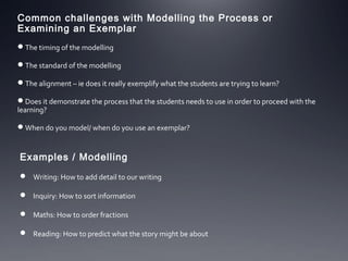 Common challenges with Modelling the Process or
Examining an Exemplar
The timing of the modelling
The standard of the modelling
The alignment – ie does it really exemplify what the students are trying to learn?
Does it demonstrate the process that the students needs to use in order to proceed with the
learning?
When do you model/ when do you use an exemplar?

Examples / Modelling
 Writing: How to add detail to our writing
 Inquiry: How to sort information
 Maths: How to order fractions
 Reading: How to predict what the story might be about

 