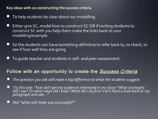 Key ideas with co-constructing the success criteria

 To help students be clear about our modelling
 Either give SC, model how to construct SC OR if inviting students to
construct SC with you help them make the links back to your
modelling/example
 So the students can have something definitive to refer back to, to check, to
see if how well they are going
 To guide teacher and students in self- and peer-assessment.
Follow with an opportunity to create the Success Criteria
 The question you ask will make a big difference to what the students suggest
 Try this one: “how did I get my audience interested in my story? What strategies
did I use? Or what steps did I take? What did I do first? Let’s have a look back at my
paragraph and see...”
 Not “what will make you successful?”

 