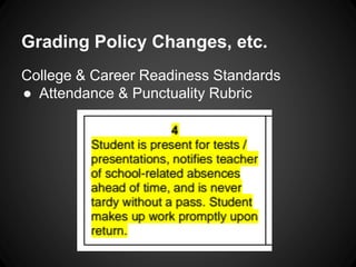 Grading Policy Changes, etc. 
College & Career Readiness Standards 
● Attendance & Punctuality Rubric 
 