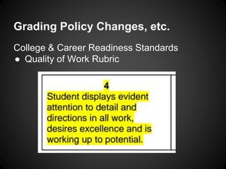 Grading Policy Changes, etc. 
College & Career Readiness Standards 
● Quality of Work Rubric 
 