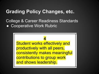 Grading Policy Changes, etc. 
College & Career Readiness Standards 
● Cooperative Work Rubric 
 