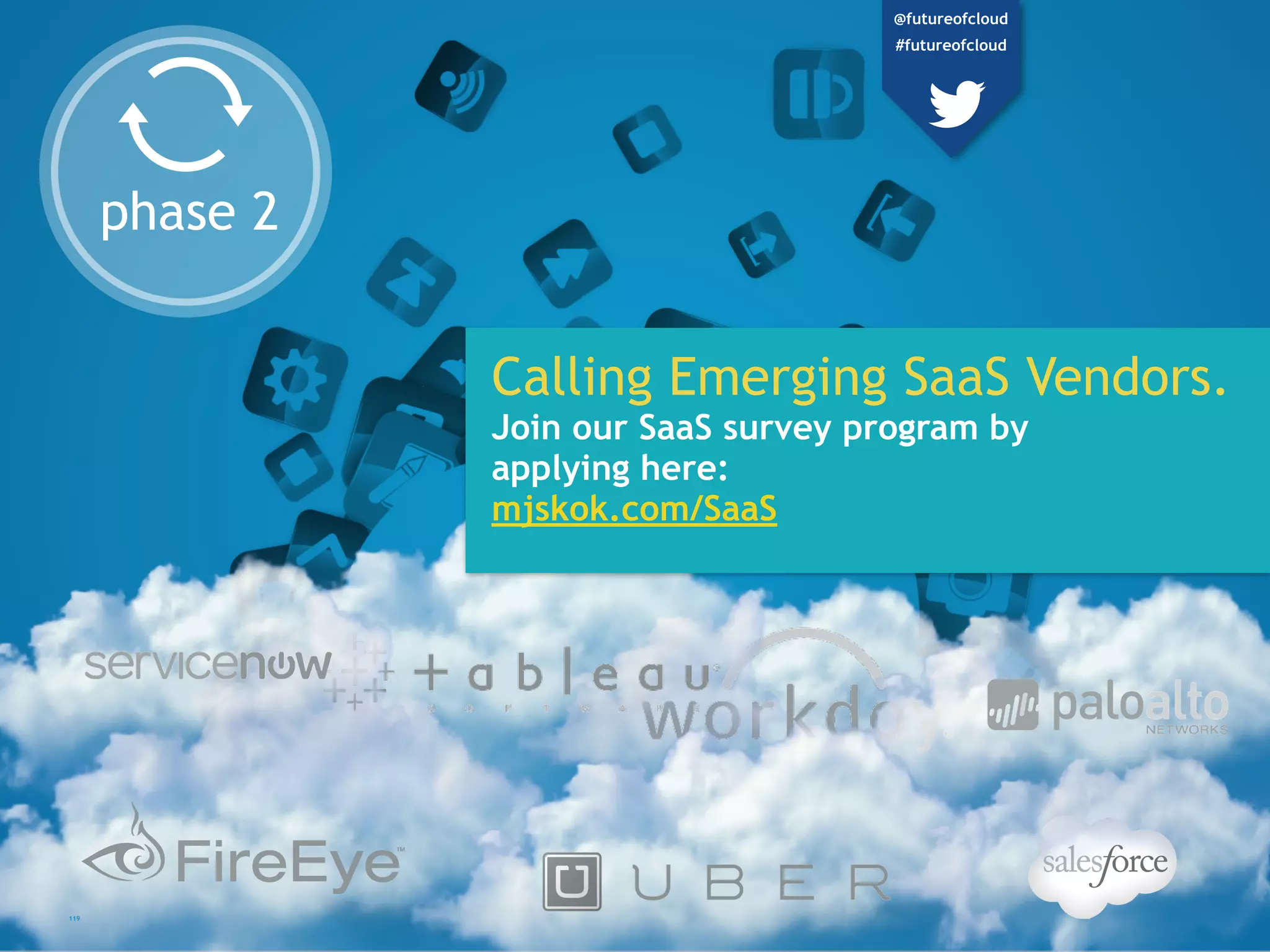 phase 2
Calling Emerging SaaS Vendors.
Join our SaaS survey program by
applying here:
mjskok.com/SaaS
119
@futureofcloud
#futureofcloud
 