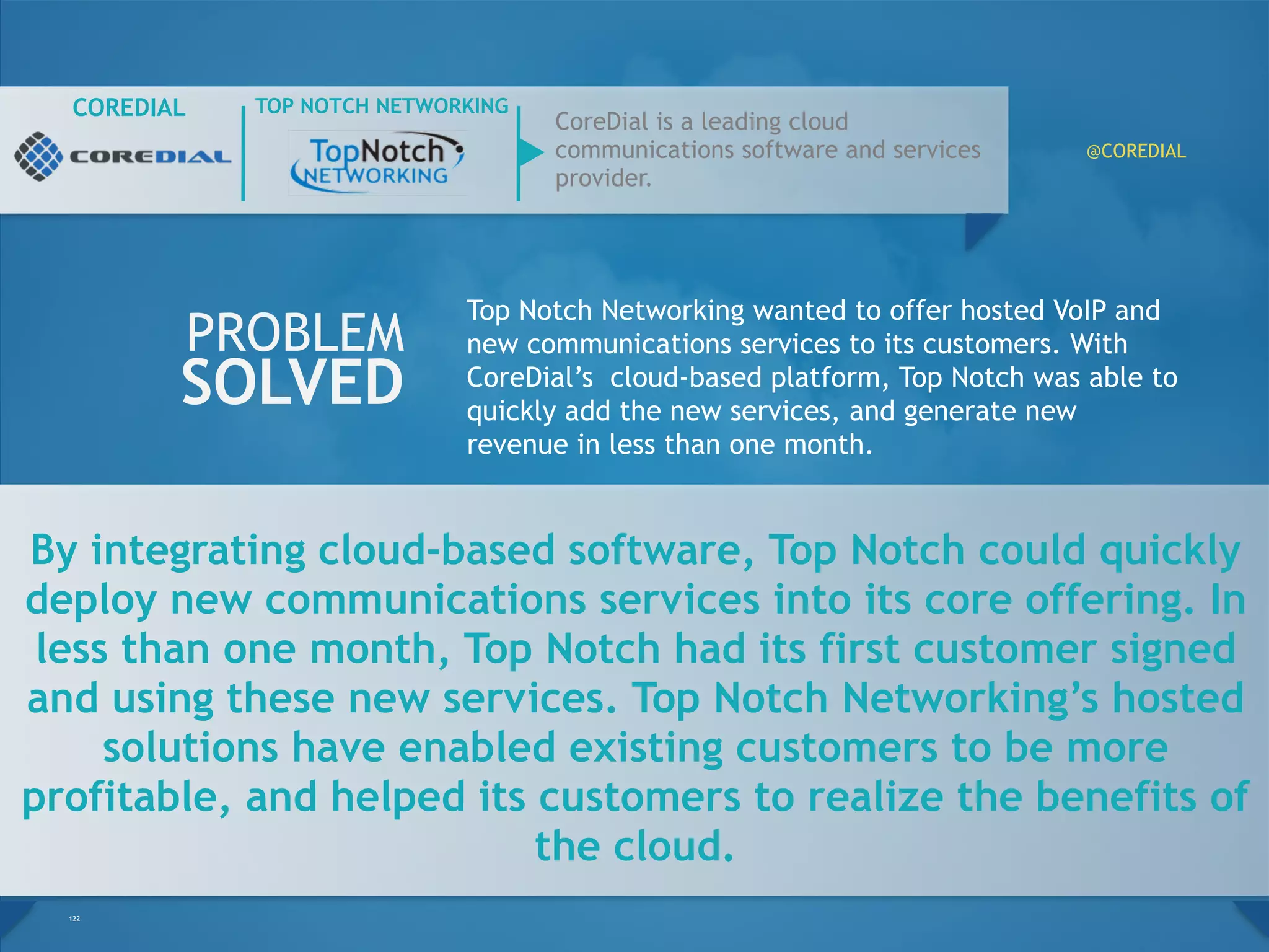 By integrating cloud-based software, Top Notch could quickly
deploy new communications services into its core offering. In
less than one month, Top Notch had its first customer signed
and using these new services. Top Notch Networking’s hosted
solutions have enabled existing customers to be more
profitable, and helped its customers to realize the benefits of
the cloud.
122
Top Notch Networking wanted to offer hosted VoIP and
new communications services to its customers. With
CoreDial’s cloud-based platform, Top Notch was able
to quickly add the new services, and generate new
revenue in less than one month.
CoreDial is a leading cloud
communications software and services
provider.
COREDIAL
PROBLEM
SOLVED
TOP NOTCH NETWORKING
@COREDIAL
 