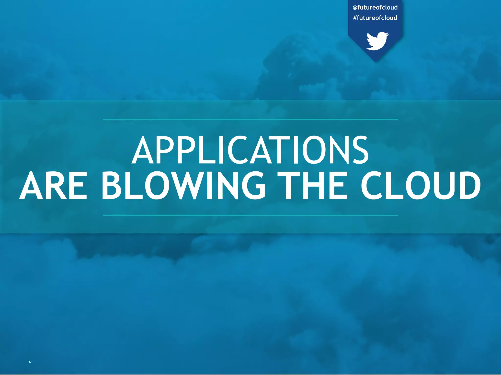 APPLICATIONS
ARE BLOWING THE CLOUD
13
@futureofcloud
#futureofcloud
 