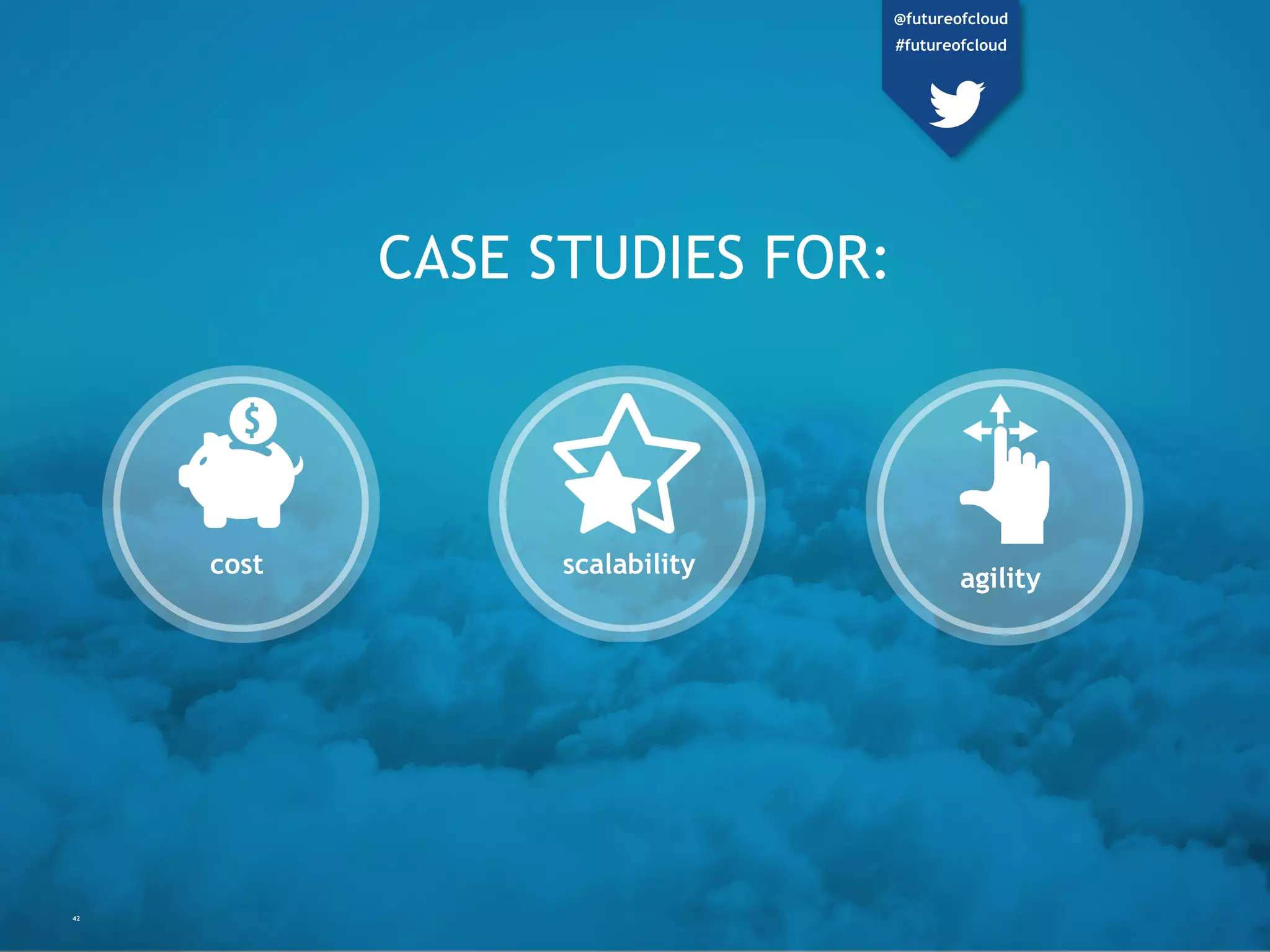 CASE STUDIES FOR:
cost scalability
agility
42
@futureofcloud
#futureofcloud
 