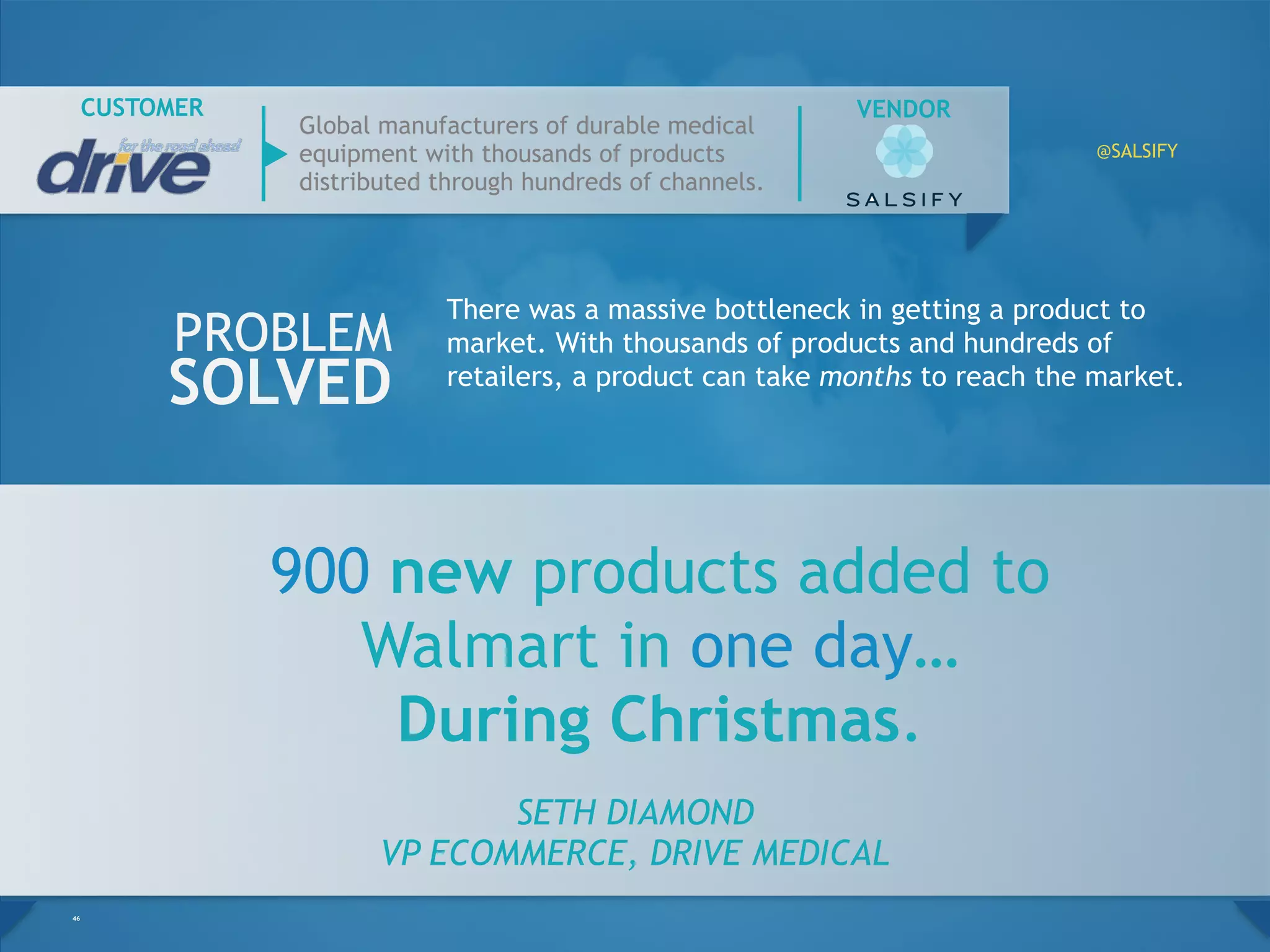 900 new products added to
Walmart in one day…
During Christmas.
46
PROBLEM
SOLVED
SETH DIAMOND
VP ECOMMERCE, DRIVE MEDICAL
There was a massive bottleneck in getting a product to
market. With thousands of products and hundreds of
retailers, a product can take months to reach the market.
Global manufacturers of durable medical
equipment with thousands of products
distributed through hundreds of channels.
VENDORCUSTOMER
@SALSIFY
 