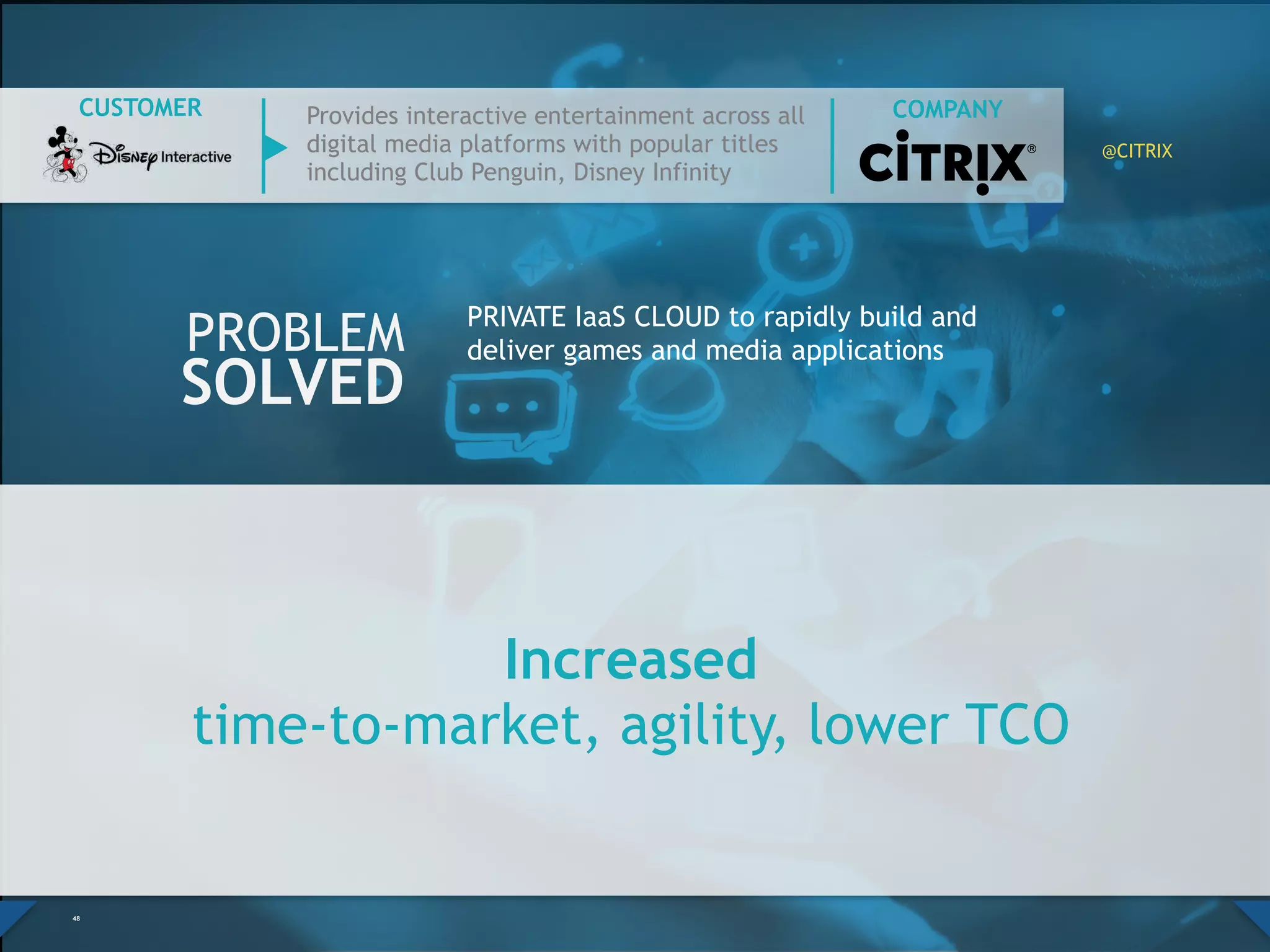 Increased
time-to-market, agility, lower TCO
48
PRIVATE IaaS CLOUD to rapidly build and
deliver games and media applications
PROBLEM
SOLVED
Provides interactive entertainment across
all digital media platforms with popular
titles including Club Penguin, Disney Infinity
COMPANYCUSTOMER
@CITRIX
 