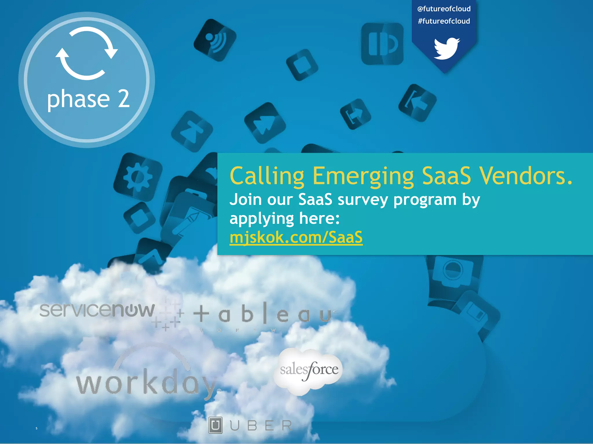 5
phase 2
Calling Emerging SaaS Vendors.
Join our SaaS survey program by
applying here:
mjskok.com/SaaS
@futureofcloud
#futureofcloud
 