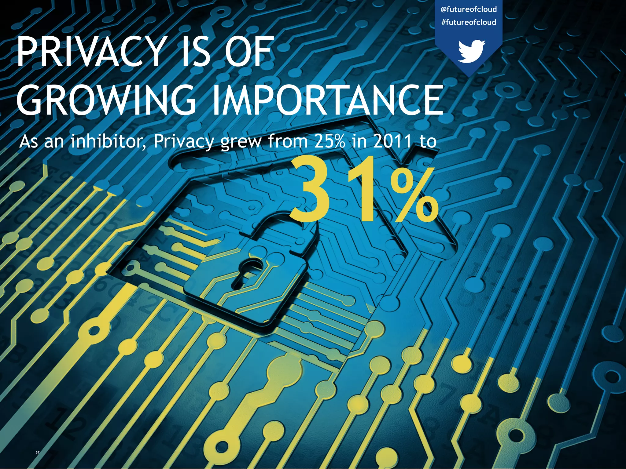 57
PRIVACY IS OF
GROWING IMPORTANCE
As an inhibitor, Privacy grew from 25% in 2011 to
31%
@futureofcloud
#futureofcloud
 