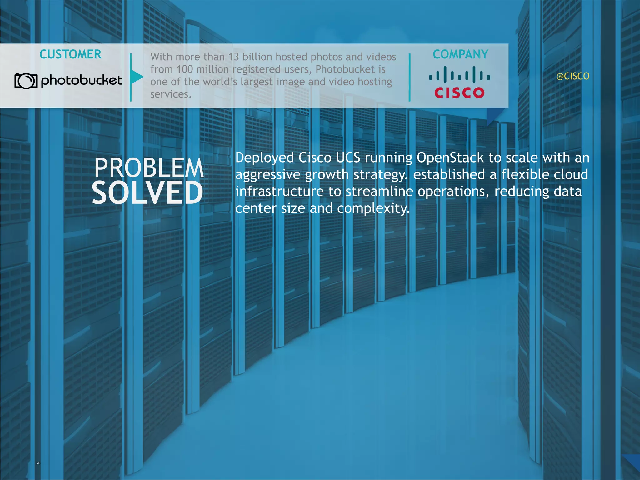 90
PROBLEM
SOLVED
CUSTOMER
Deployed Cisco UCS running OpenStack to scale with an
aggressive growth strategy. established a flexible cloud
infrastructure to streamline operations, reducing data
center size and complexity.
With more than 13 billion hosted photos and
videos from 100 million registered users,
Photobucket is one of the world’s largest image
and video hosting services.
COMPANY
@CISCO
 