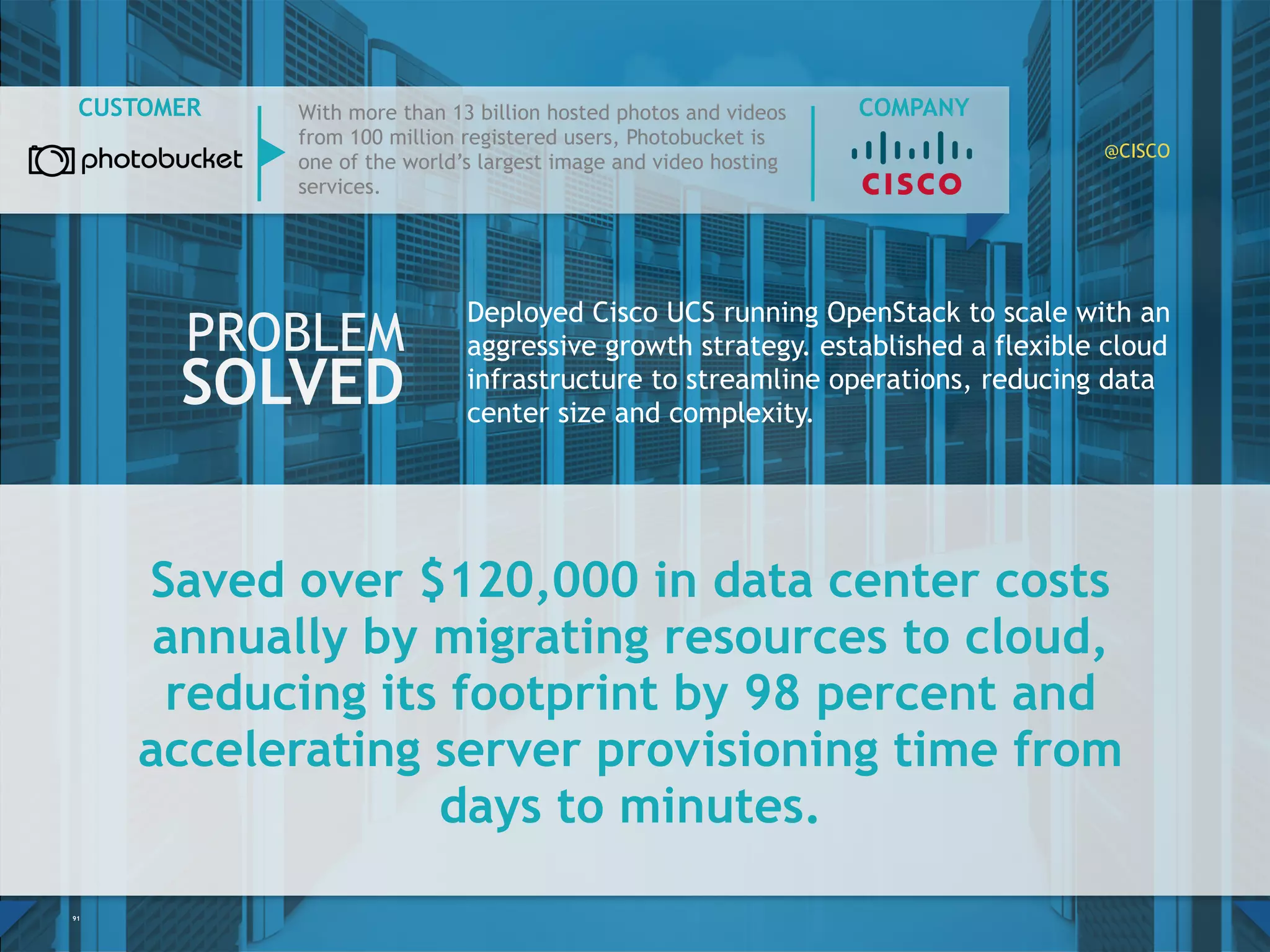 Saved over $120,000 in data center costs
annually by migrating resources to cloud,
reducing its footprint by 98 percent and
accelerating server provisioning time from
days to minutes.
91
Deployed Cisco UCS running OpenStack to scale with an
aggressive growth strategy. established a flexible cloud
infrastructure to streamline operations, reducing data
center size and complexity.
PROBLEM
SOLVED
With more than 13 billion hosted photos and
videos from 100 million registered users,
Photobucket is one of the world’s largest image
and video hosting services.
COMPANYCUSTOMER
@CISCO
 