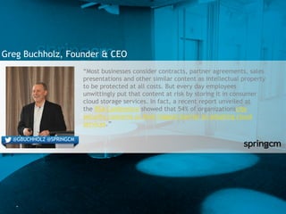 56
Greg Buchholz, Founder & CEO
“Most businesses consider contracts, partner agreements, sales
presentations and other sim...