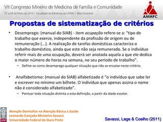 Atenção Domiciliar na Atenção Básica a Saúde
Leonardo Cançado Monteiro Savassi
Universidade Federal de Ouro Preto
• Desemprego: (manual do SIAB) - item ocupação refere-se a: “tipo de
trabalho que exerce, independente da profissão de origem ou de
remuneração (...). A realização de tarefas domésticas caracteriza o
trabalho doméstico, ainda que este não seja remunerado. Se o indivíduo
referir mais de uma ocupação, deverá ser anotada aquela a que ele dedica
o maior número de horas na semana, no seu período de trabalho”.
– Define-se como desemprego qualquer situação que não se encaixe neste critério.
• Analfabetismo: (manual do SIAB) alfabetizado é “o indivíduo que sabe ler
e escrever no mínimo um bilhete. O indivíduo que apenas assina o nome
não é considerado alfabetizado”.
– Pontuar toda situação distinta a esta definição, a partir da idade escolar.
Propostas de sistematização de critériosPropostas de sistematização de critérios
Savassi, Lage & Coelho (2011)Savassi, Lage & Coelho (2011)
 