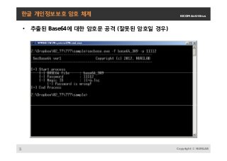 KICOM Anti-Virus
Copyright © NURILAB31
한글 개인정보보호 암호 체계
• 추출된 Base64에 대한 암호문 공격 (잘못된 암호일 경우)
 