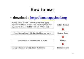 How to use
• download : http://bananapayload.org
20
[library path] [Name / Offset] [Function Type]
/system/lib/libc.so malloc void *malloc(size_t size)
/system/lib/test.so 0x400 void sub400(int, int)
./ genLibrarySource [define File] [output path]
Define Format
Source Code
Edit Source & Edit makefile & make library
Useage : injector [pid] [Library Full Path] Hook Success
 