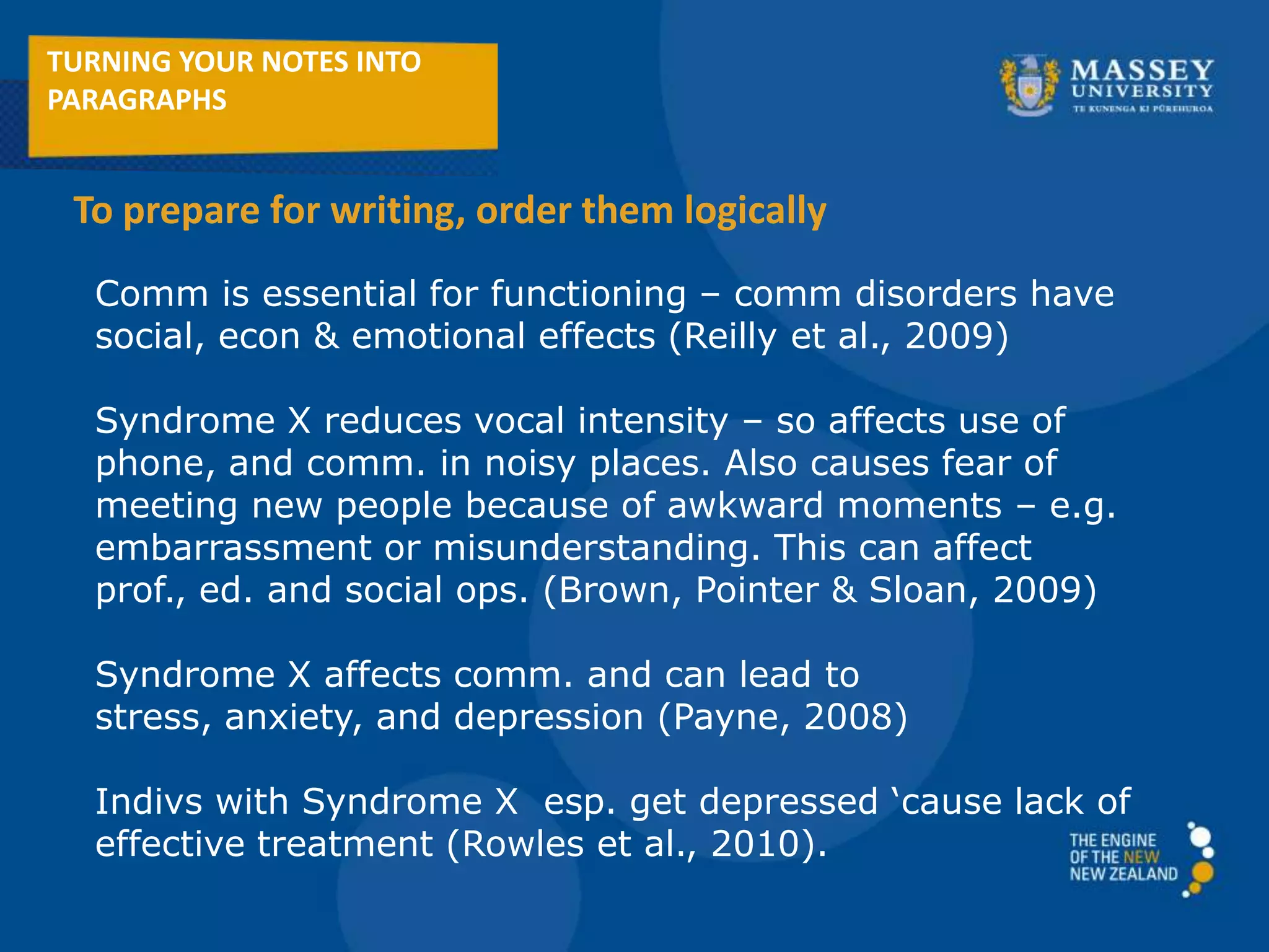 Comm is essential for functioning – comm disorders have
social, econ & emotional effects (Reilly et al., 2009)
Syndrome X reduces vocal intensity – so affects use of
phone, and comm. in noisy places. Also causes fear of
meeting new people because of awkward moments – e.g.
embarrassment or misunderstanding. This can affect
prof., ed. and social ops. (Brown, Pointer & Sloan, 2009)
Syndrome X affects comm. and can lead to
stress, anxiety, and depression (Payne, 2008)
Indivs with Syndrome X esp. get depressed ‘cause lack of
effective treatment (Rowles et al., 2010).
TURNING YOUR NOTES INTO
PARAGRAPHS
To prepare for writing, order them logically
 