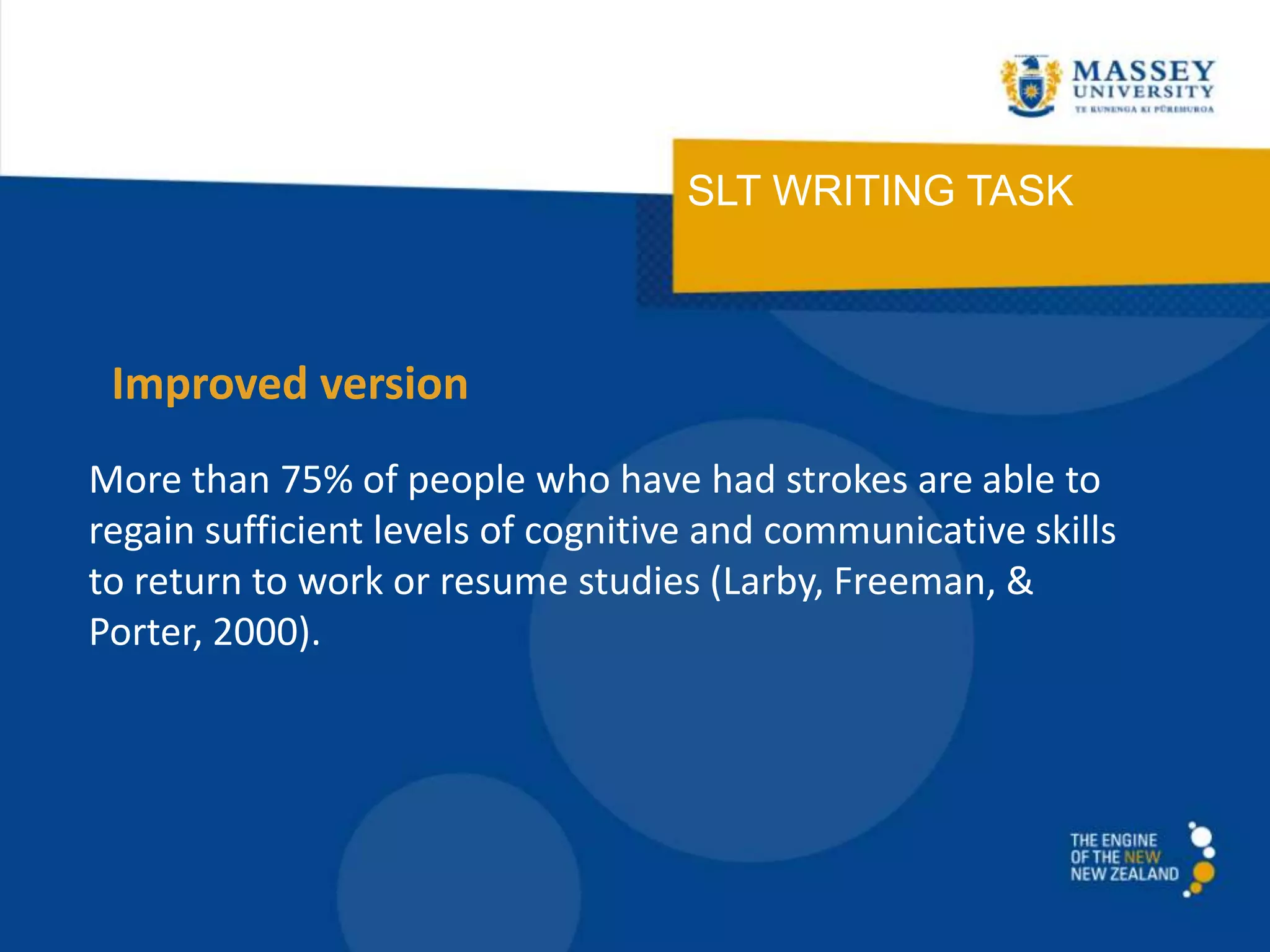 SLT WRITING TASK
More than 75% of people who have had strokes are able to
regain sufficient levels of cognitive and communicative skills
to return to work or resume studies (Larby, Freeman, &
Porter, 2000).
Improved version
 