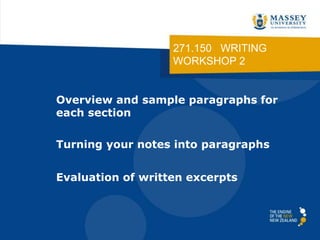 271.150 WRITING
WORKSHOP 2
Overview and sample paragraphs for
each section
Turning your notes into paragraphs
Evaluation of written excerpts
 