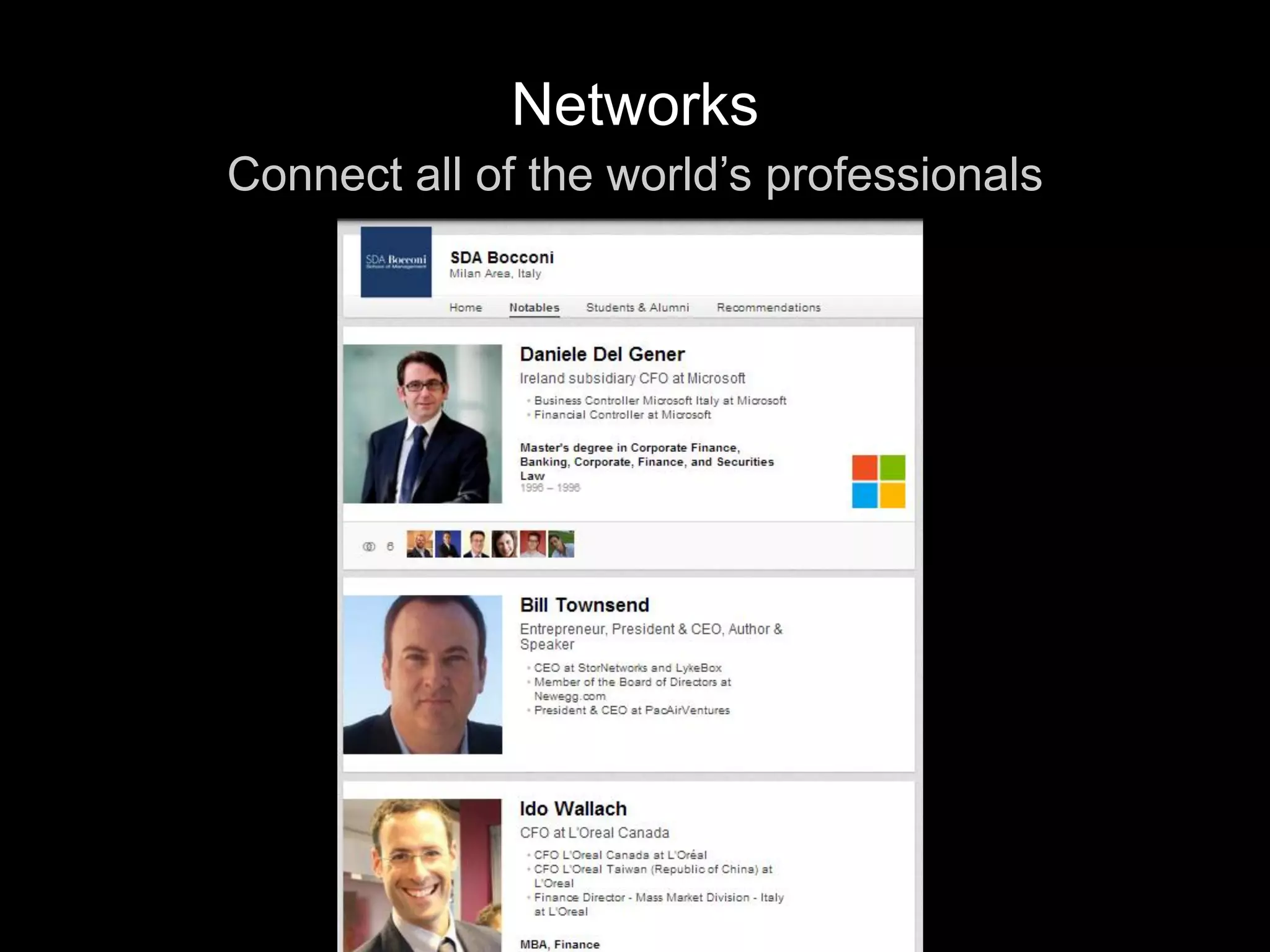 Connect all of the world’s professionals
Networks
 