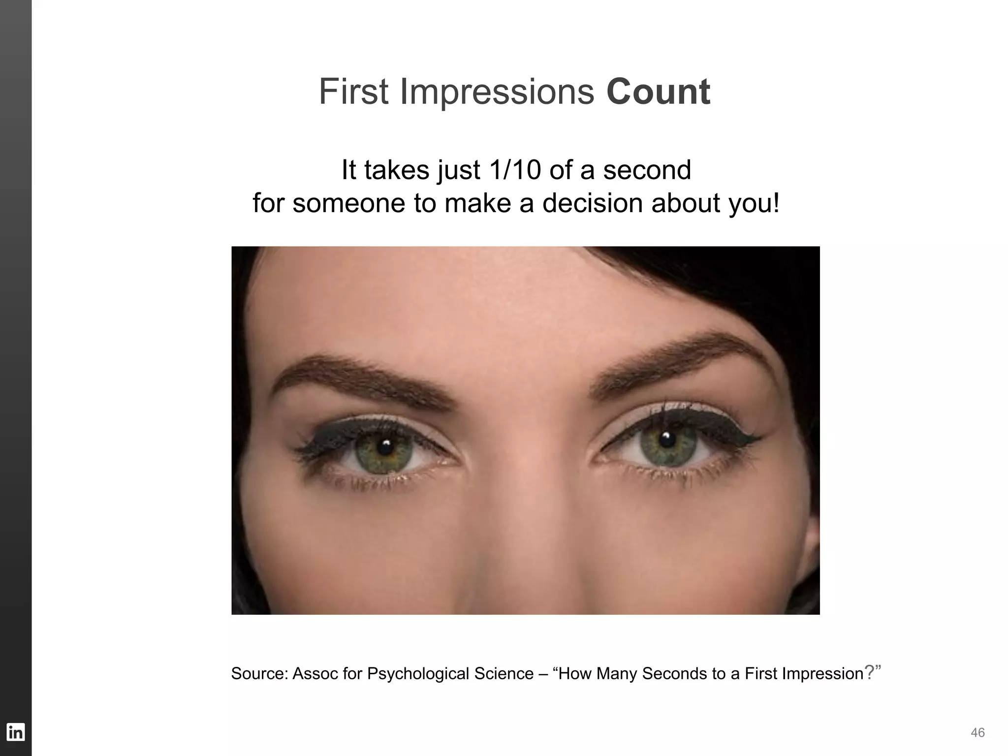 ORGANIZATION NAME 46
It takes just 1/10 of a second
for someone to make a decision about you!
Source: Assoc for Psychological Science – “How Many Seconds to a First Impression?”
First Impressions Count
 