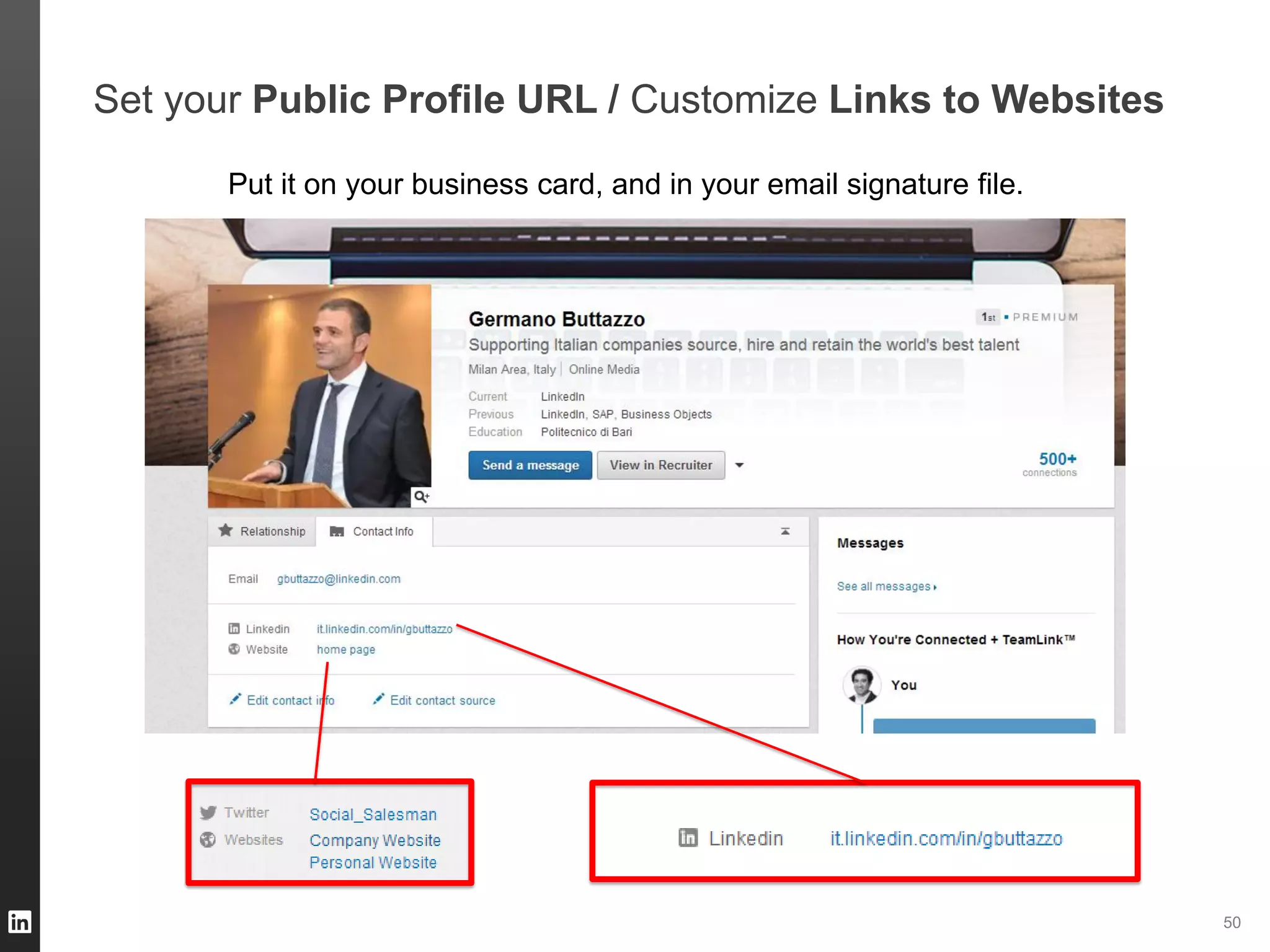 ORGANIZATION NAME 50
Set your Public Profile URL / Customize Links to Websites
Put it on your business card, and in your email signature file.
 