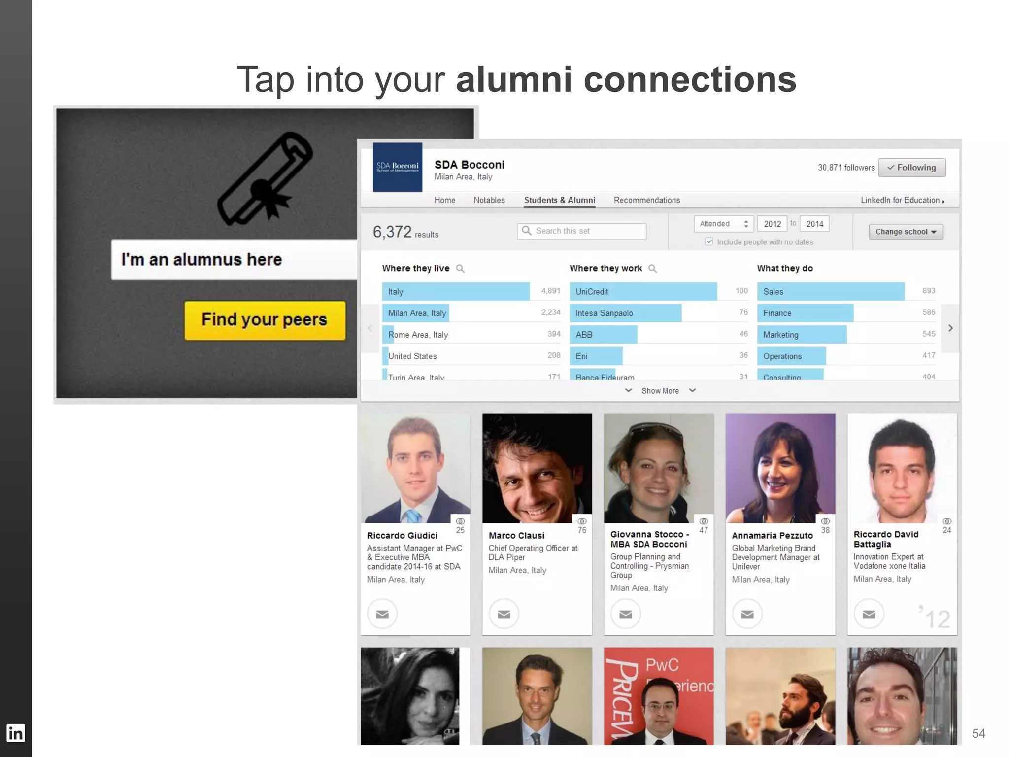ORGANIZATION NAME 54
Tap into your alumni connections
 