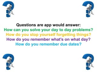 Questions are app would answer:
How can you solve your day to day problems?
How do you stop yourself forgetting things?
How do you remember what’s on what day?
How do you remember due dates?
 