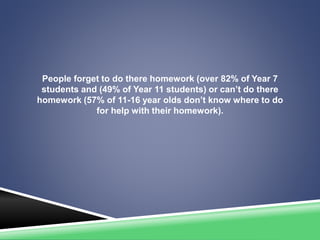 People forget to do there homework (over 82% of Year 7
students and (49% of Year 11 students) or can’t do there
homework (57% of 11-16 year olds don’t know where to do
for help with their homework).
 