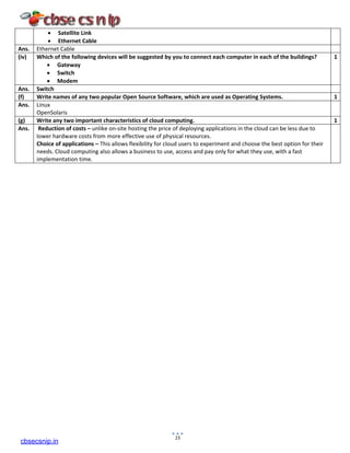 • Satellite Link
• Ethernet Cable
Ans. Ethernet Cable
(iv) Which of the following devices will be suggested by you to connect each computer in each of the buildings?
• Gateway
• Switch
• Modem
1
Ans. Switch
(f) Write names of any two popular Open Source Software, which are used as Operating Systems. 1
Ans. Linux
OpenSolaris
(g) Write any two important characteristics of cloud computing. 1
Ans. Reduction of costs – unlike on-site hosting the price of deploying applications in the cloud can be less due to
lower hardware costs from more effective use of physical resources.
Choice of applications – This allows flexibility for cloud users to experiment and choose the best option for their
needs. Cloud computing also allows a business to use, access and pay only for what they use, with a fast
implementation time.
15
cbsecsnip.in
 