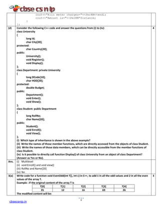 cout<<"Kilo meter charges="<<PerKM<<endl;
cout<<"Amount is="<<PerKM*Distance;
}
};
(d) Consider the following C++ code and answer the questions from (i) to (iv):
class University
{
long Id;
char City[20];
protected:
char Country[20];
public:
University();
void Register();
void Display();
};
class Department: private University
{
long DCode[10];
char HOD[20];
protected:
double Budget;
public:
Department();
void Enter();
void Show();
};
class Student: public Department
{
long RollNo;
char Name[20];
public:
Student();
void Enroll();
void View();
};
(i) Which type of inheritance is shown in the above example?
(ii) Write the names of those member functions, which are directly accessed from the objects of class Student.
(iii) Write the names of those data members, which can be directly accessible from the member functions of
class Student.
(iv) Is it possible to directly call function Display() of class University from an object of class Department?
(Answer as Yes or No).
4
Ans. (i) Multilevel
(ii) void Enroll() and void view()
(iii) RollNo and Name[20]
(iv) No
3(a) Write code for a function void EvenOdd(int T[], int c) in C++, to add 1 in all the odd values and 2 in all the even
values of the array T.
Example : If the original content of the array T is
T[0] T[1] T[2] T[3] T[4]
35 12 16 69 26
The modified content will be:
3
6
cbsecsnip.in
 