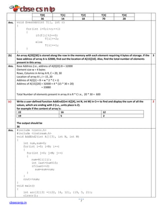 T[0] T[1] T[2] T[3] T[4]
36 14 18 70 28
Ans. void EvenOdd(int T[], int c)
{
for(int i=0;i<c;++i)
{
if(T[i]%2==0)
T[i]+=2;
else
T[i]+=1;
}
}
(b) An array A[20][30] is stored along the row in the memory with each element requiring 4 bytes of storage. If the
base address of array A is 32000, find out the location of A[15][10]. Also, find the total number of elements
present in this array.
3
Ans. Base Address (i.e., address of A[0][0]) B = 32000
Element size w = 4 bytes
Rows, Columns in Array A R, C = 20, 30
Location of array A I, J = 15, 20
Address of A[I][J] = B + w * (I * C + J)
Address of A[15][20] = 32000 + 4 * (15 * 30 + 20)
= 33880
Total Number of elements present in array A is R * C i.e., 20 * 30 = 600
(c) Write a user-defined function AddEnd2(int A[][4], int N, int M) in C++ to find and display the sum of all the
values, which are ending with 2 (i.e., units place is 2).
for example if the content of array is:
22 16 12
19 5 2
The output should be
36
2
Ans. #include <conio.h>
#include <iostream.h>
void AddEnd2(int A[][3], int N, int M)
{
int num,sum=0;
for(int i=0; i<N; i++)
{
for(int j=0; j<M; j++)
{
num=A[i][j];
int last=num%10;
if(last==2)
sum=sum+num;
}
}
cout<<sum;
}
void main()
{
int arr[2][3] ={{22, 16, 12}, {19, 5, 2}};
clrscr();
7
cbsecsnip.in
 