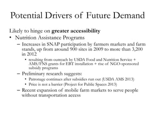 Potential Drivers of Future Demand
Likely to hinge on greater accessibility
•  Nutrition Assistance Programs
–  Increases in SNAP participation by farmers markets and farm
stands, up from around 900 sites in 2009 to more than 3,200
in 2012
•  resulting from outreach by USDA Food and Nutrition Service +
AMS/FNS grants for EBT installation + rise of NGO-sponsored
subsidy programs
–  Preliminary research suggests:
•  Patronage continues after subsidies run out (USDA AMS 2013)
•  Price is not a barrier (Project for Public Spaces 2013)
–  Recent expansion of mobile farm markets to serve people
without transportation access
 