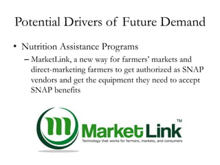 Potential Drivers of Future Demand
•  Nutrition Assistance Programs
– MarketLink, a new way for farmers’ markets and
direct-marketing farmers to get authorized as SNAP
vendors and get the equipment they need to accept
SNAP benefits
 